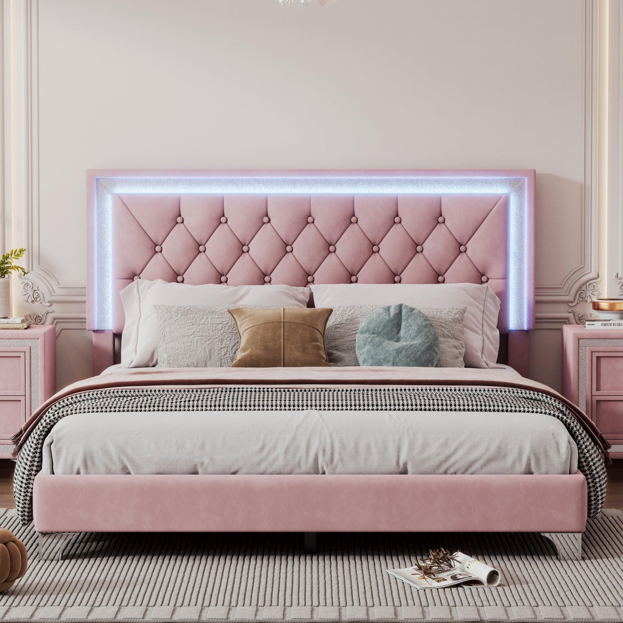 🆓🚛 Queen Size Upholstered Bed Frame With Led Lights, Modern Velvet Platform Bed With Tufted Headboard, Pink