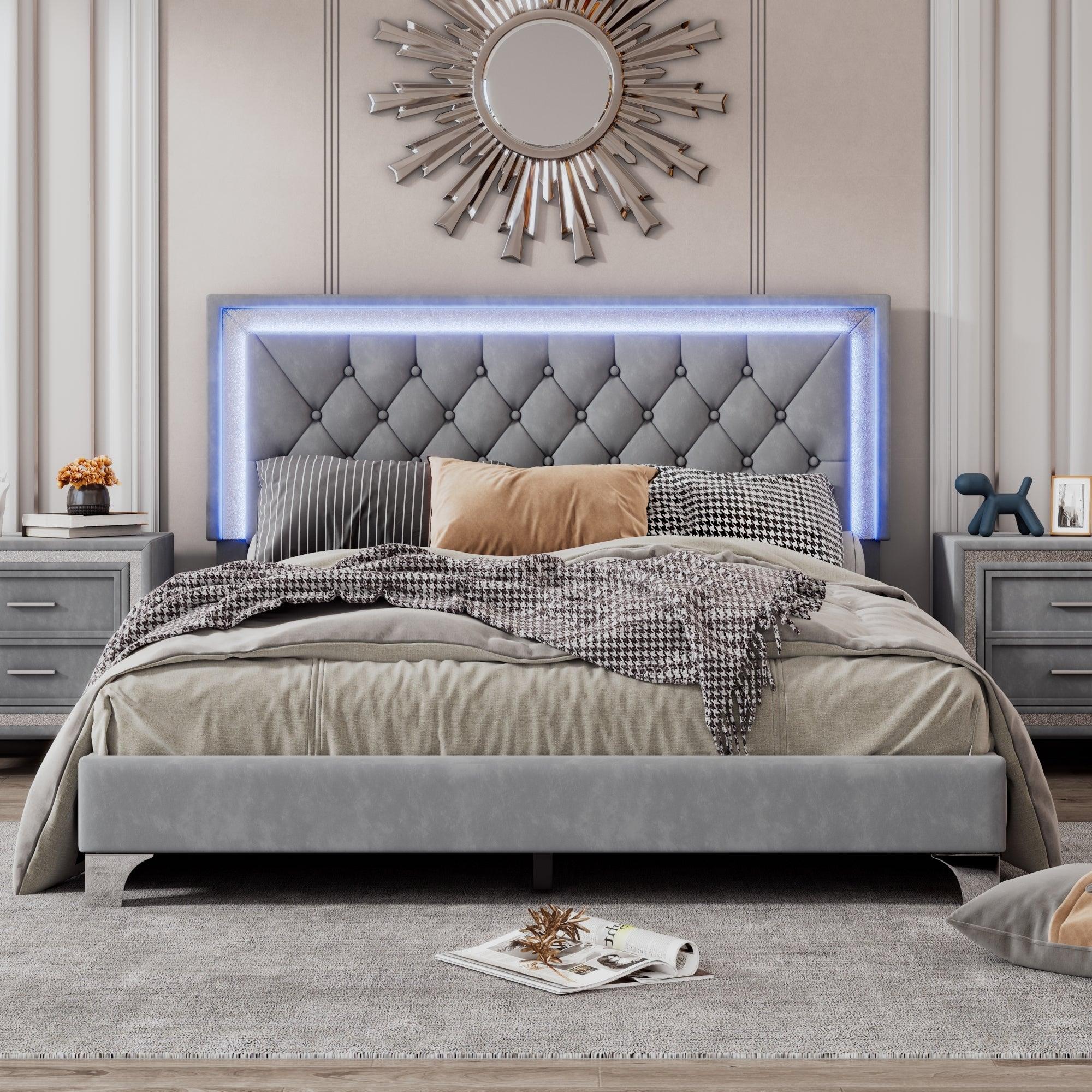 🆓🚛 Queen Size Upholstered Bed Frame With Led Lights, Modern Velvet Platform Bed With Tufted Headboard, Gray