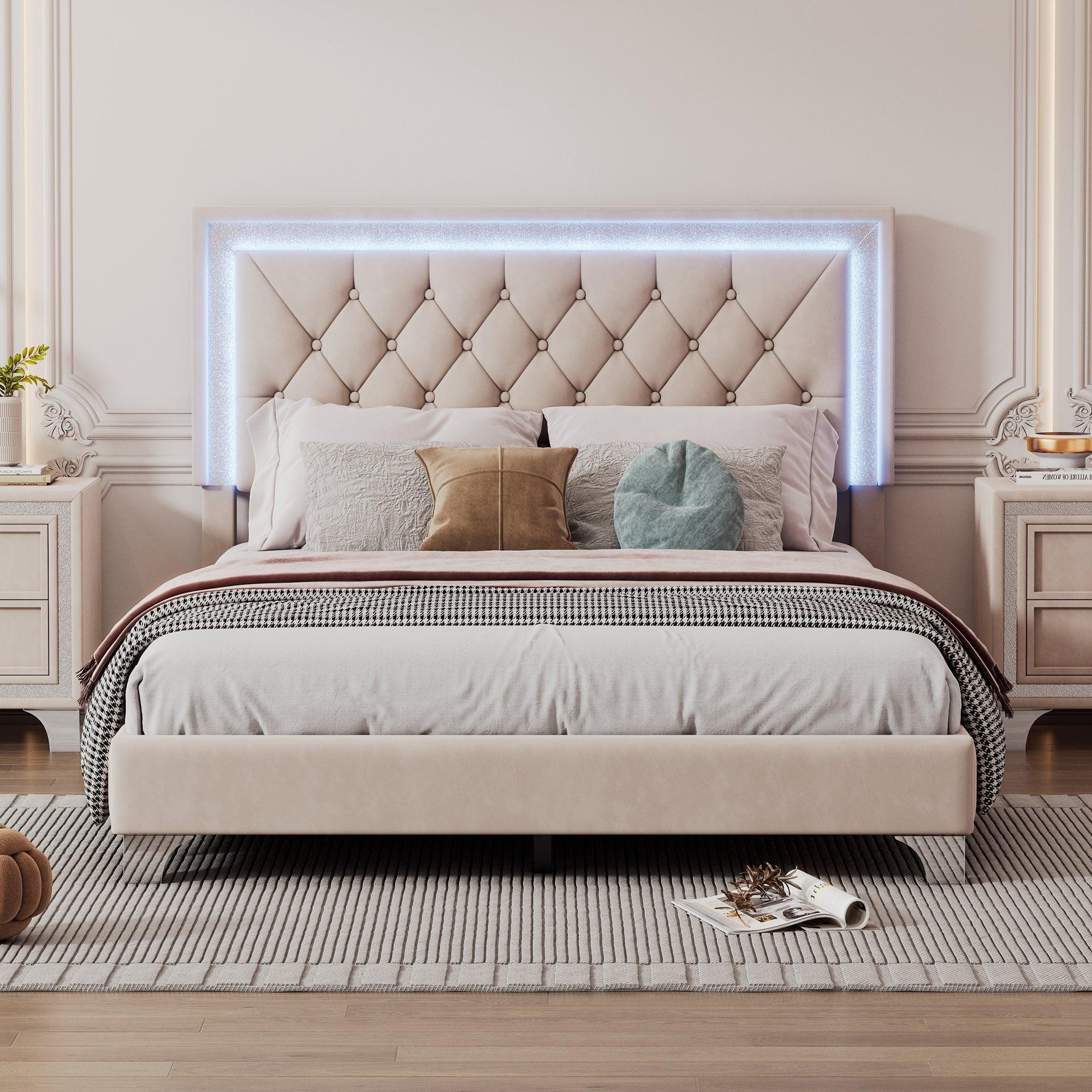 🆓🚛 Full Size Upholstered Bed Frame With Led Lights, Modern Velvet Platform Bed With Tufted Headboard, Beige
