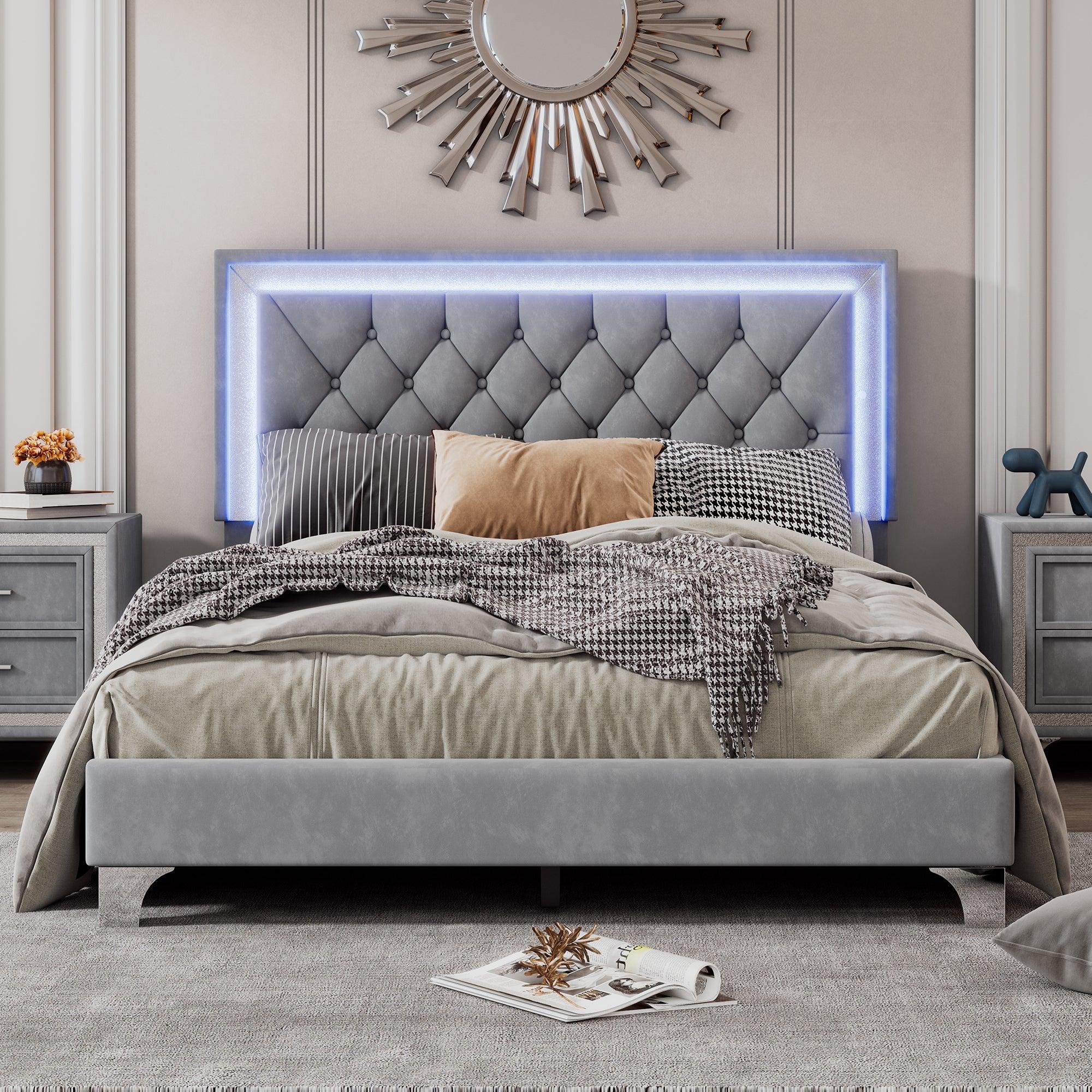 🆓🚛 Full Size Upholstered Bed Frame With Led Lights, Modern Velvet Platform Bed With Tufted Headboard, Gray