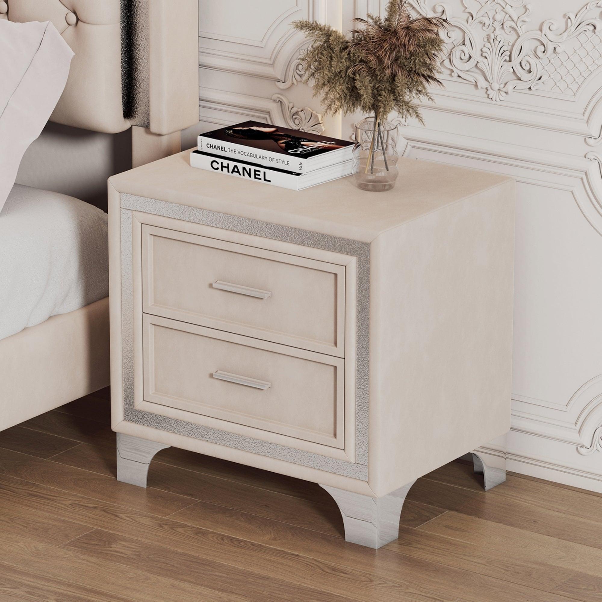 🆓🚛 2-Drawer Nightstand With Metal Legs for Bedroom, Mid Century Nightstand Fully Assembled Except Legs & Handles, Velvet Bedside Table-Beige