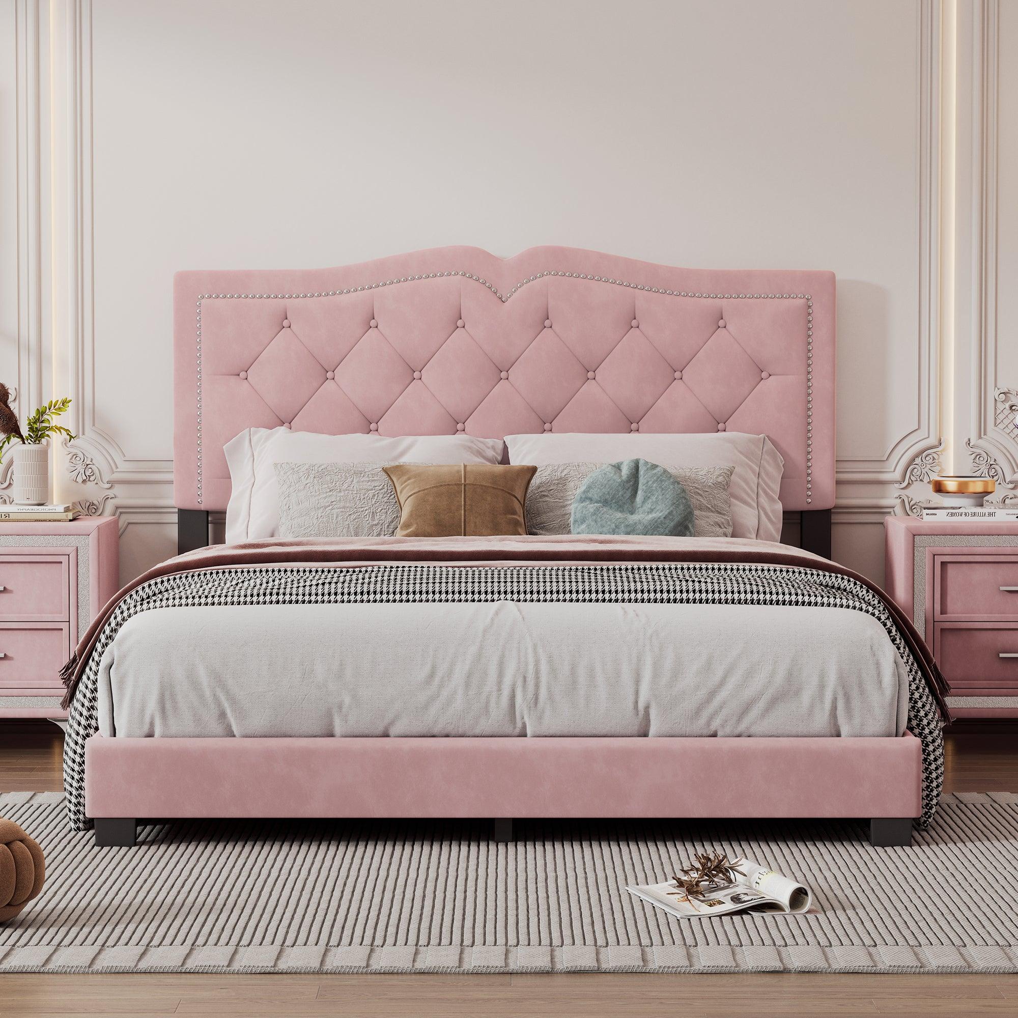 🆓🚛 Queen Size Upholstered Bed Frame With Rivet Design, Modern Velvet Platform Bed With Tufted Headboard, Pink