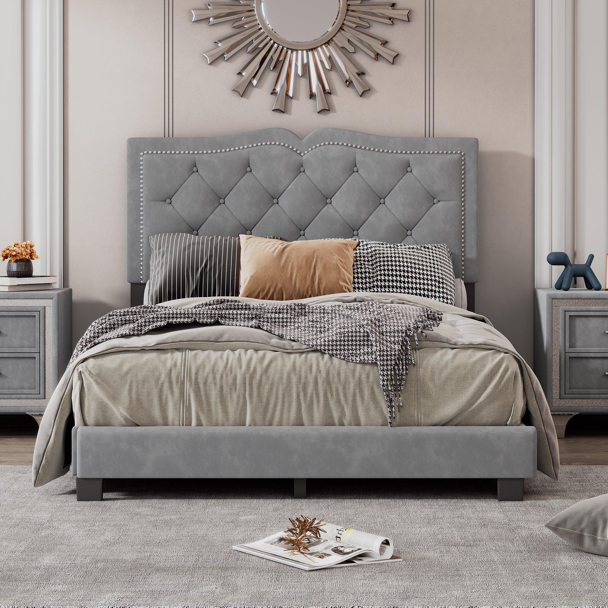 🆓🚛 Full Size Upholstered Bed Frame With Rivet Design, Modern Velvet Platform Bed With Tufted Headboard, Gray