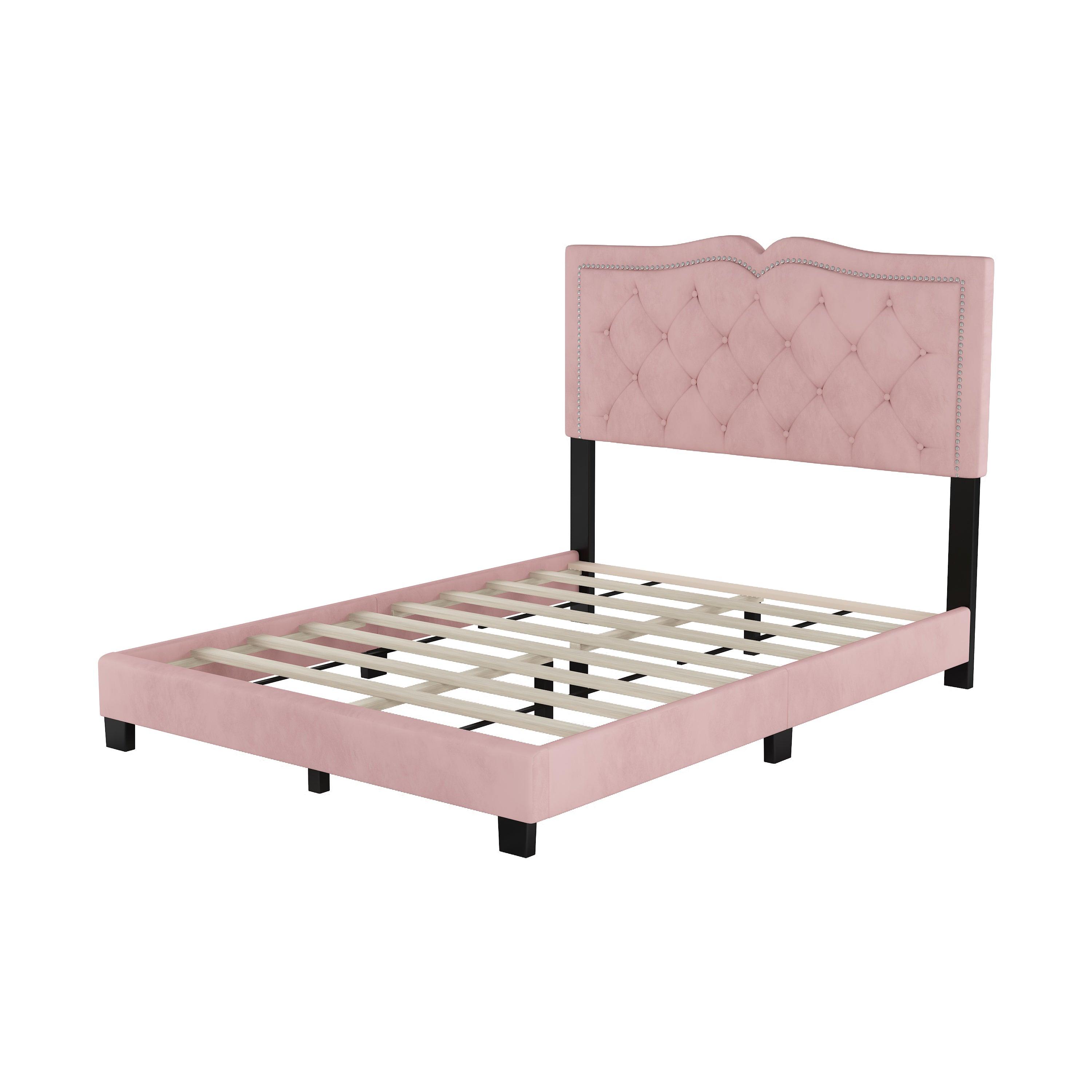 🆓🚛 Full Size Upholstered Bed Frame With Rivet Design, Modern Velvet Platform Bed With Tufted Headboard, Pink