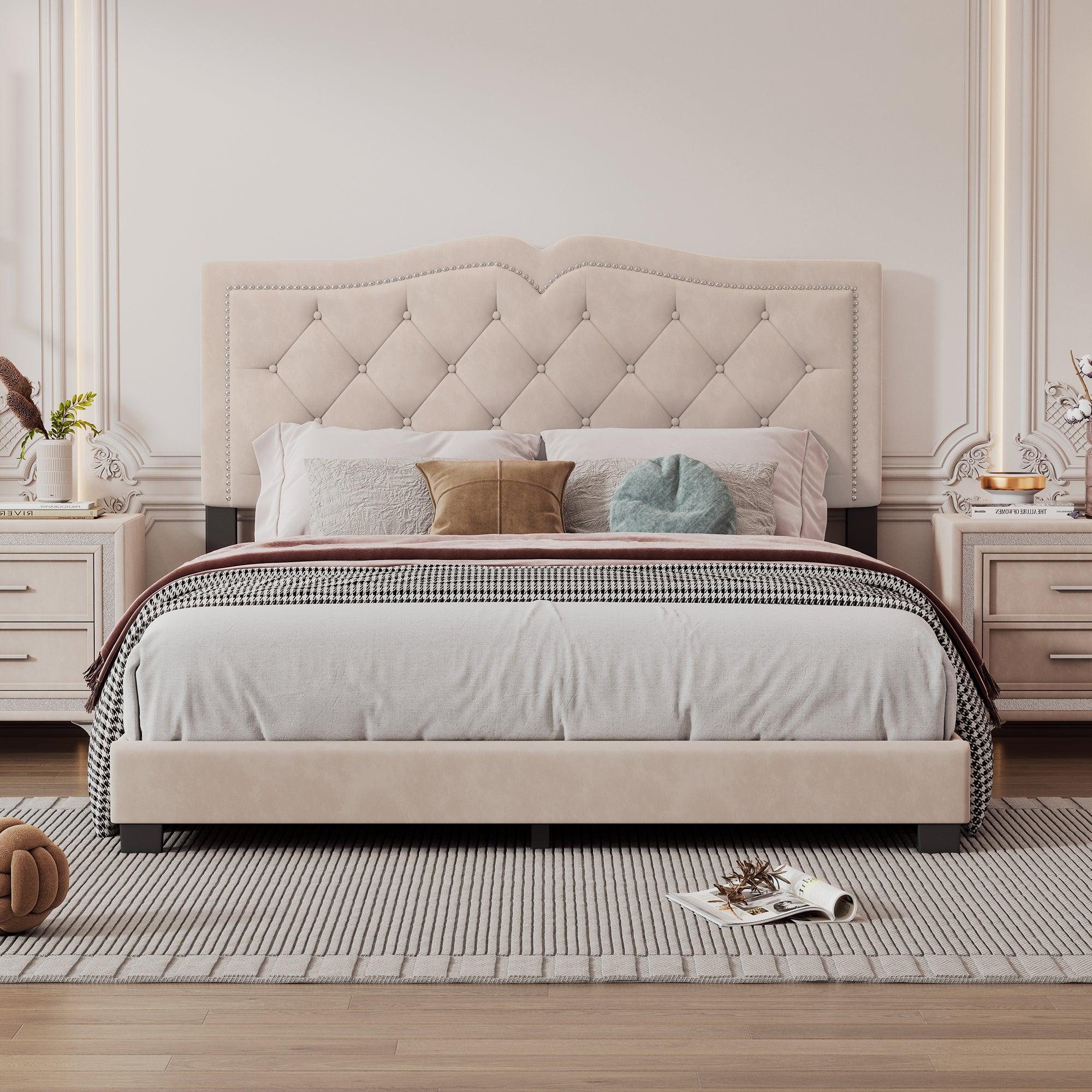 🆓🚛 Queen Size Upholstered Bed Frame With Rivet Design, Modern Velvet Platform Bed With Tufted Headboard, Beige