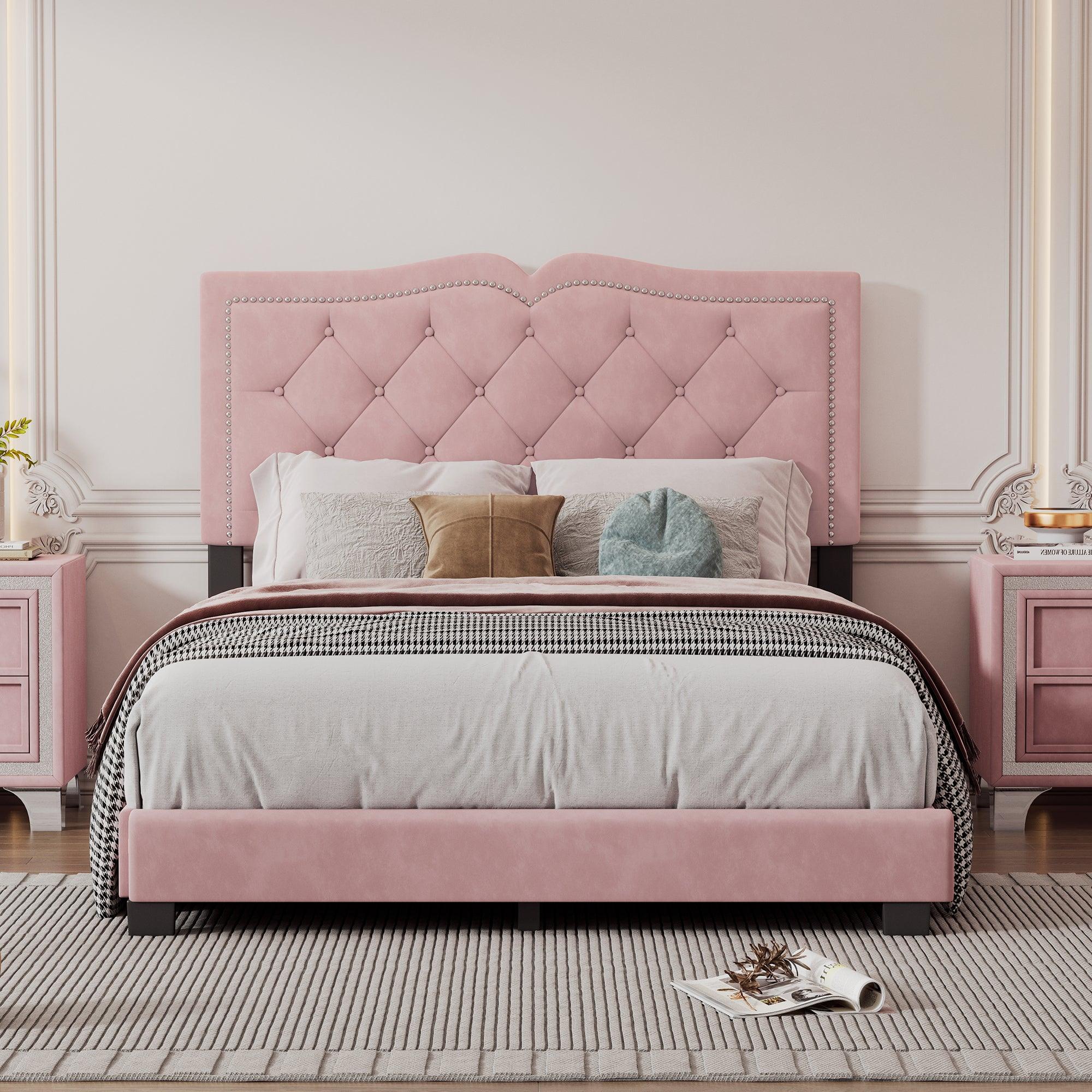 🆓🚛 Full Size Upholstered Bed Frame With Rivet Design, Modern Velvet Platform Bed With Tufted Headboard, Pink