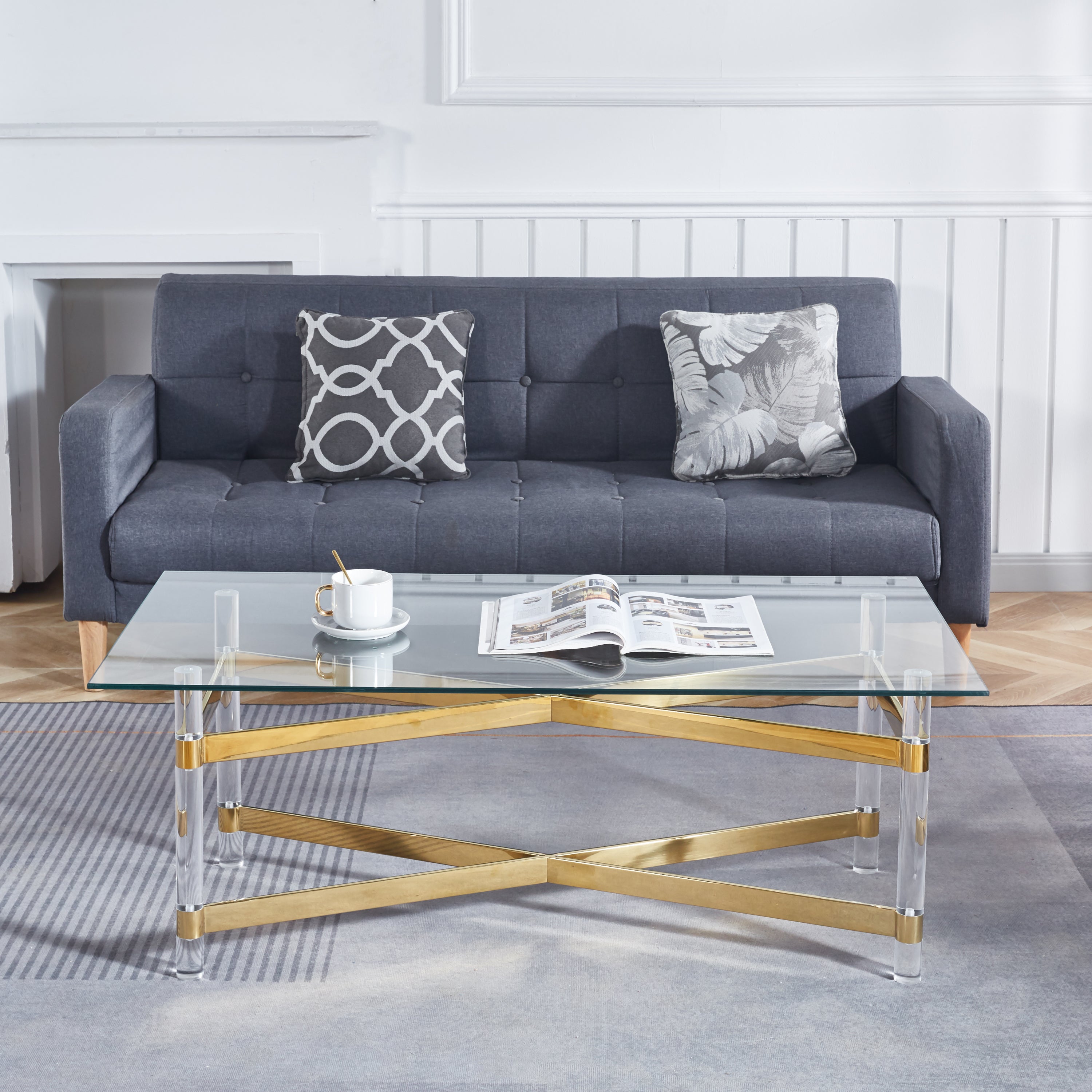 🆓🚛 Stainless Steel Coffee Table With Acrylic Frame & Clear Glass, Golden Decor