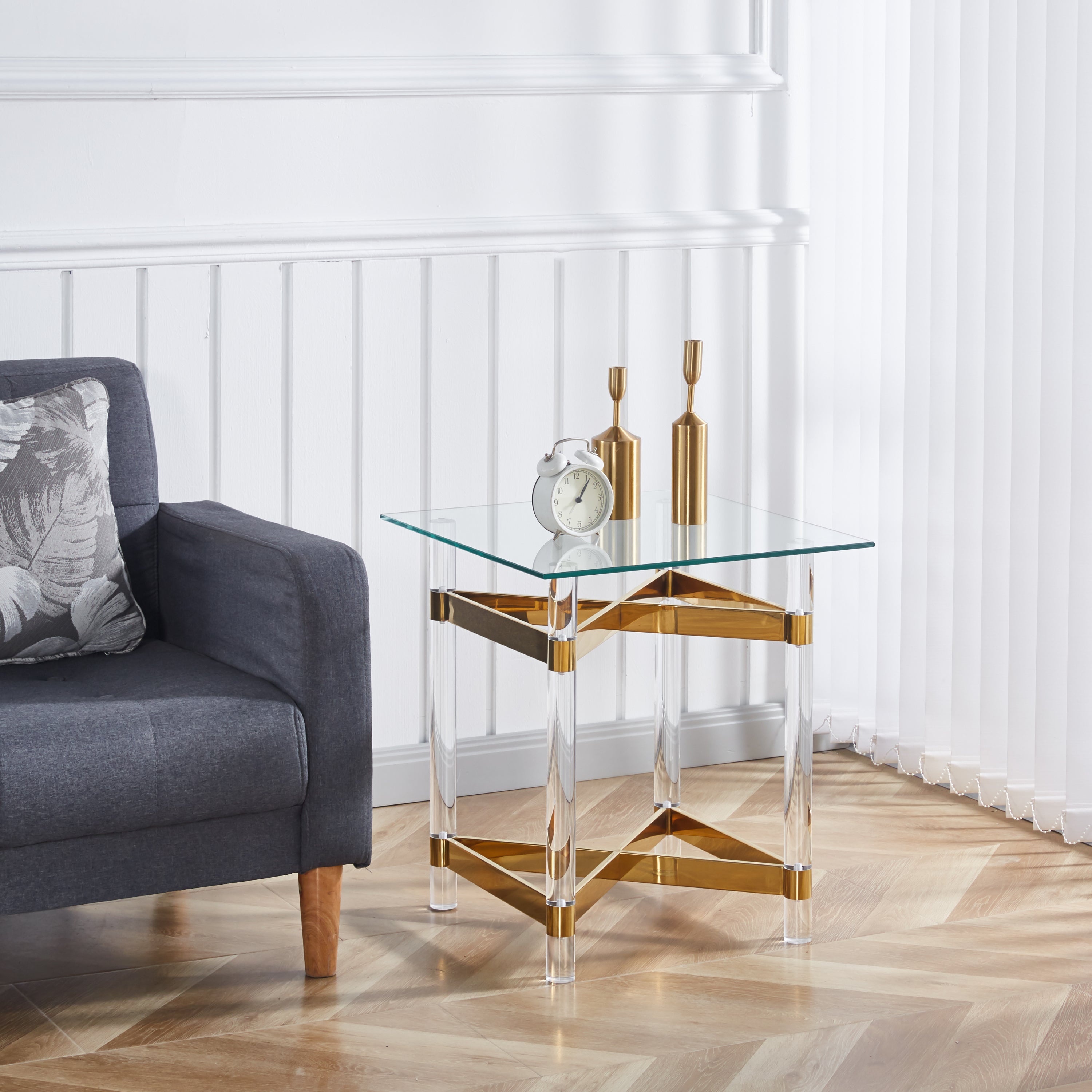 🆓🚛 Stainless Steel With Acrylic Frame Clear Glass Top End Table, Golden X Decor