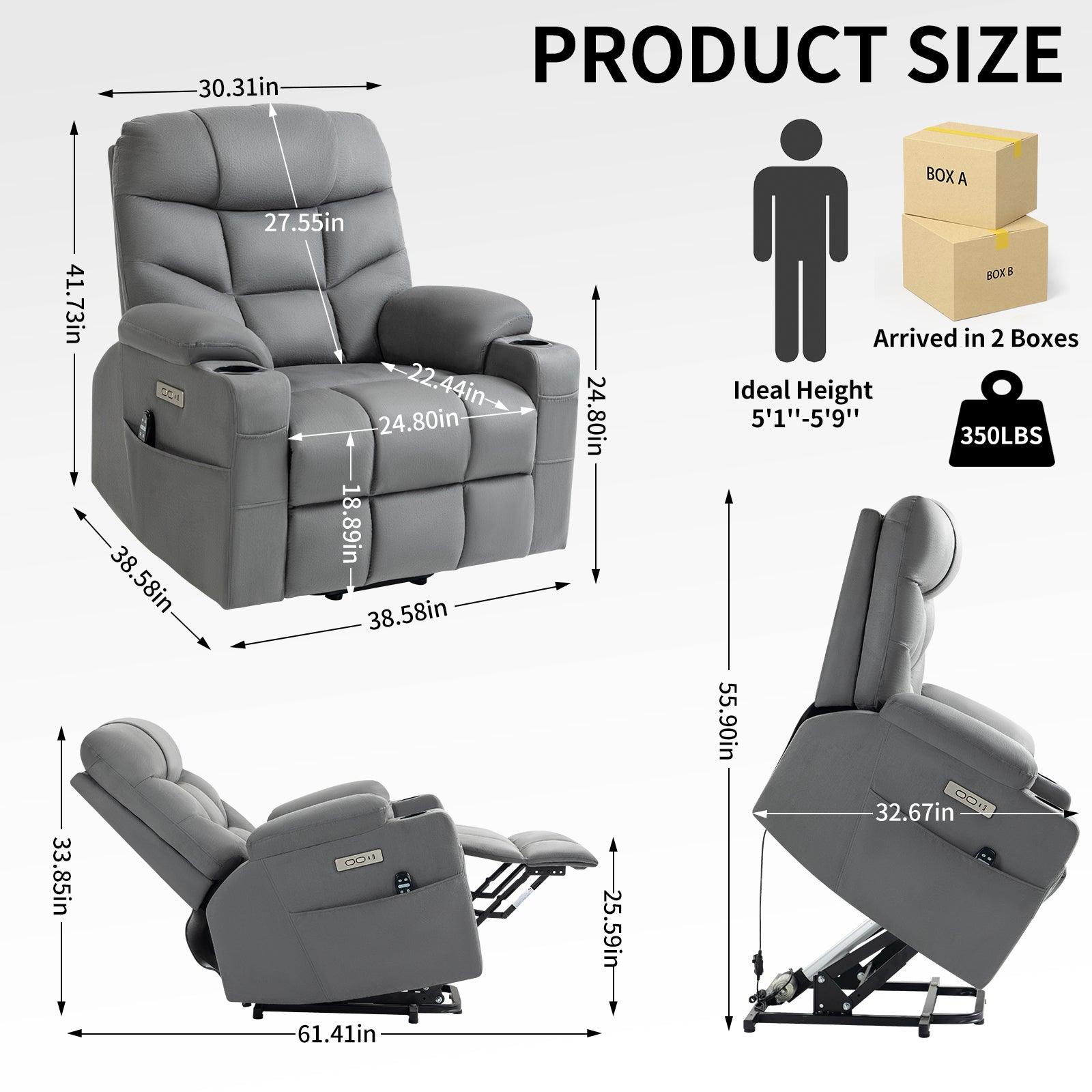 🆓🚛 Okin Motor Up To 350 Lbs Power Lift Recliner Chair, Heavy Duty Motion Mechanism With 8-Point Vibration Massage & Lumbar Heating, Cup Holders, Usb & Type-C Ports, Removable Cushions, Gray
