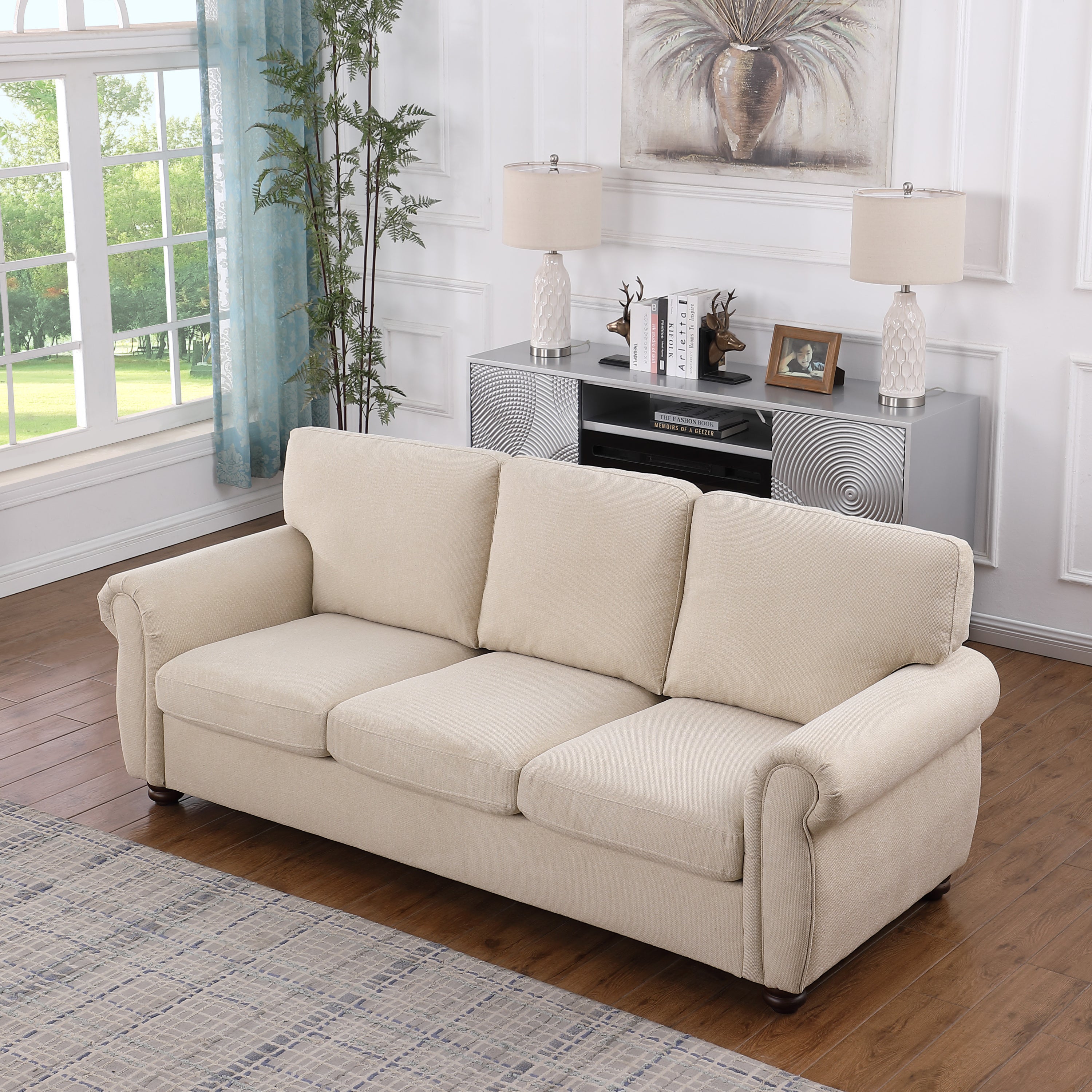 🆓🚛 84.6" 3-Seater Chenille Sofa, Beige