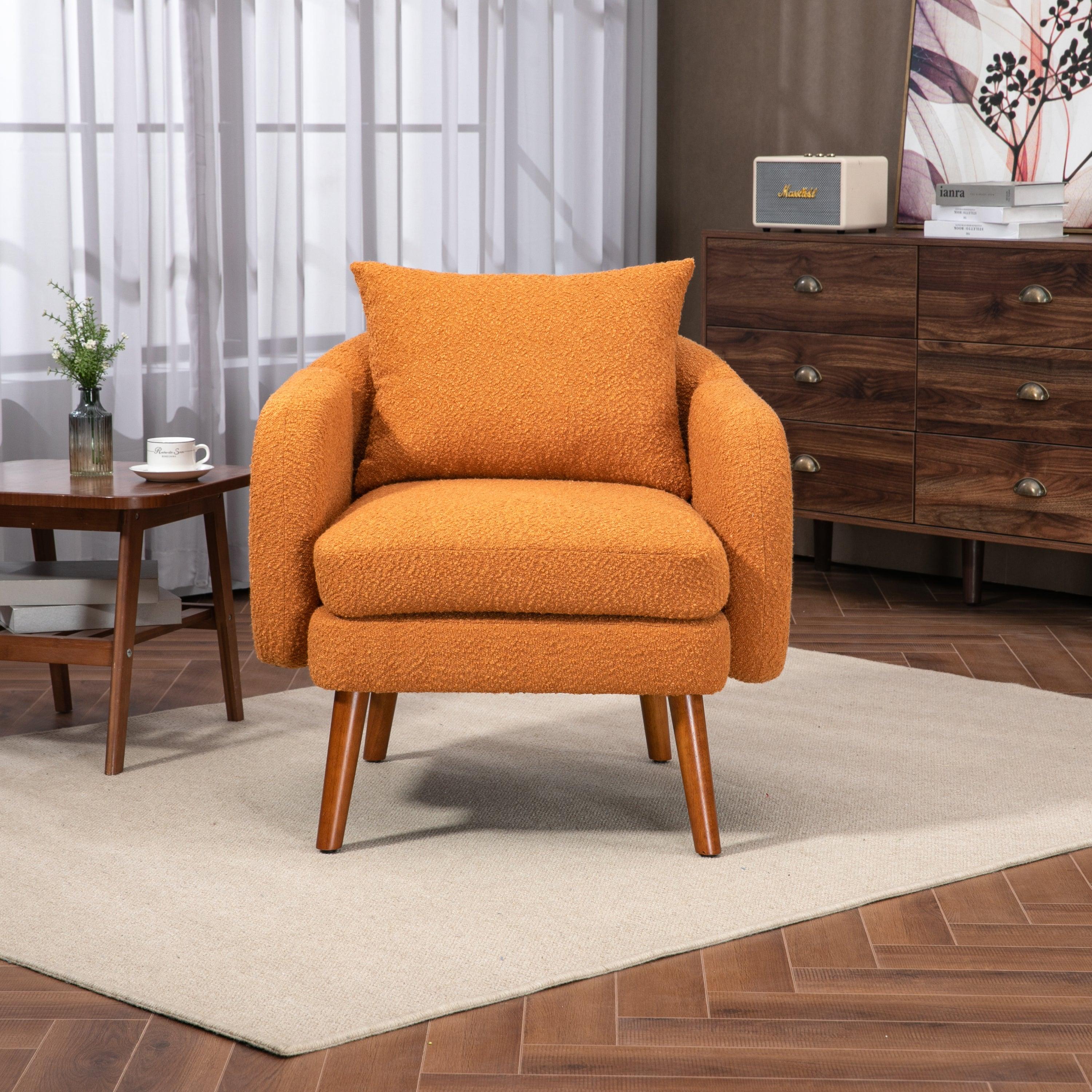 🆓🚛 Boucle Wood Frame Armchair, Modern Accent Chair Lounge Chair for Living Room, Orange