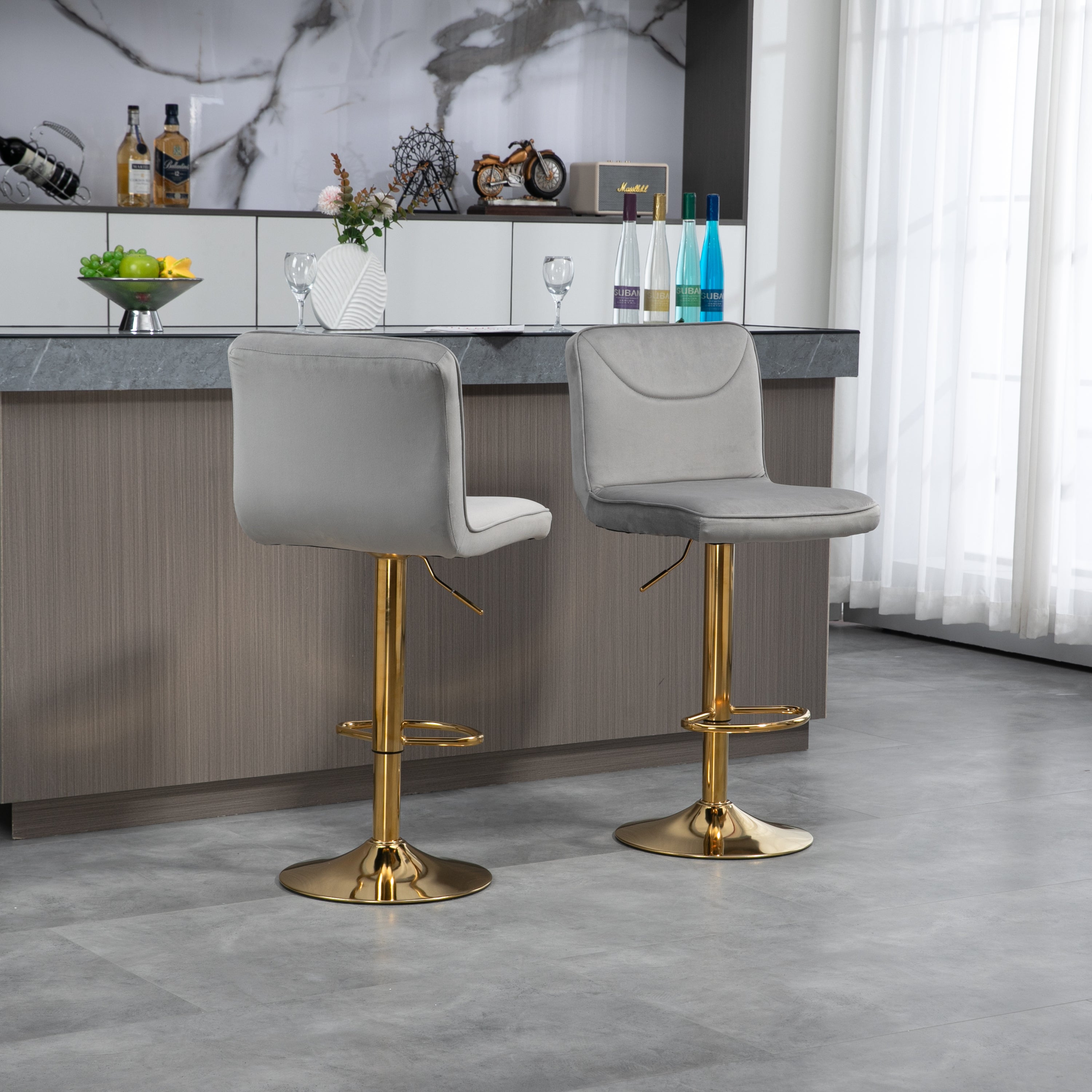 🆓🚛 Modern Swivel Bar stools Set of 2, Adjustable Counter Height Bar Chairs, with Backrest Footrest, Golden Base, Gray