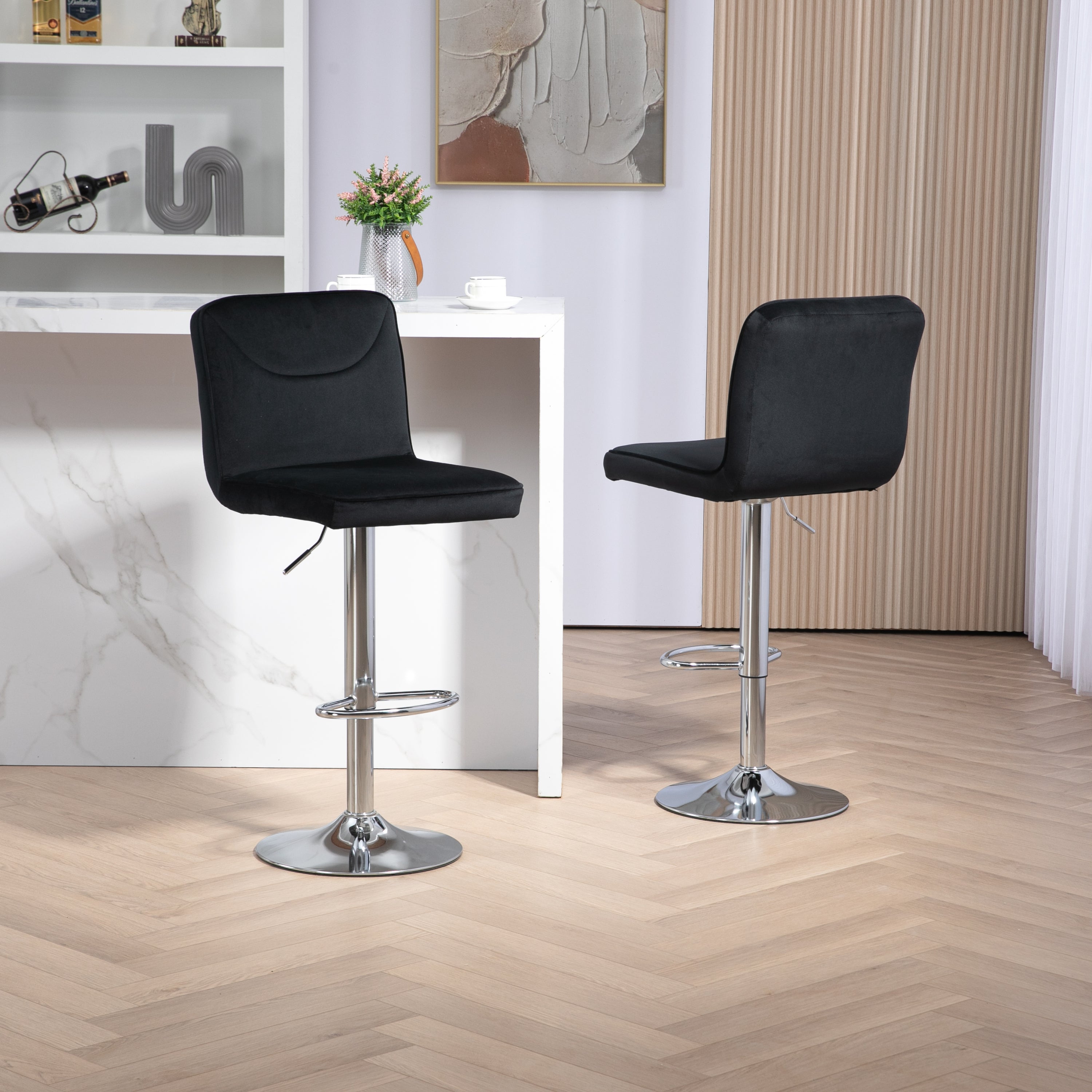 🆓🚛 Modern Swivel Bar stools Set of 2, Adjustable Counter Height Bar Chairs, with Backrest Footrest, Chrome Base, Black