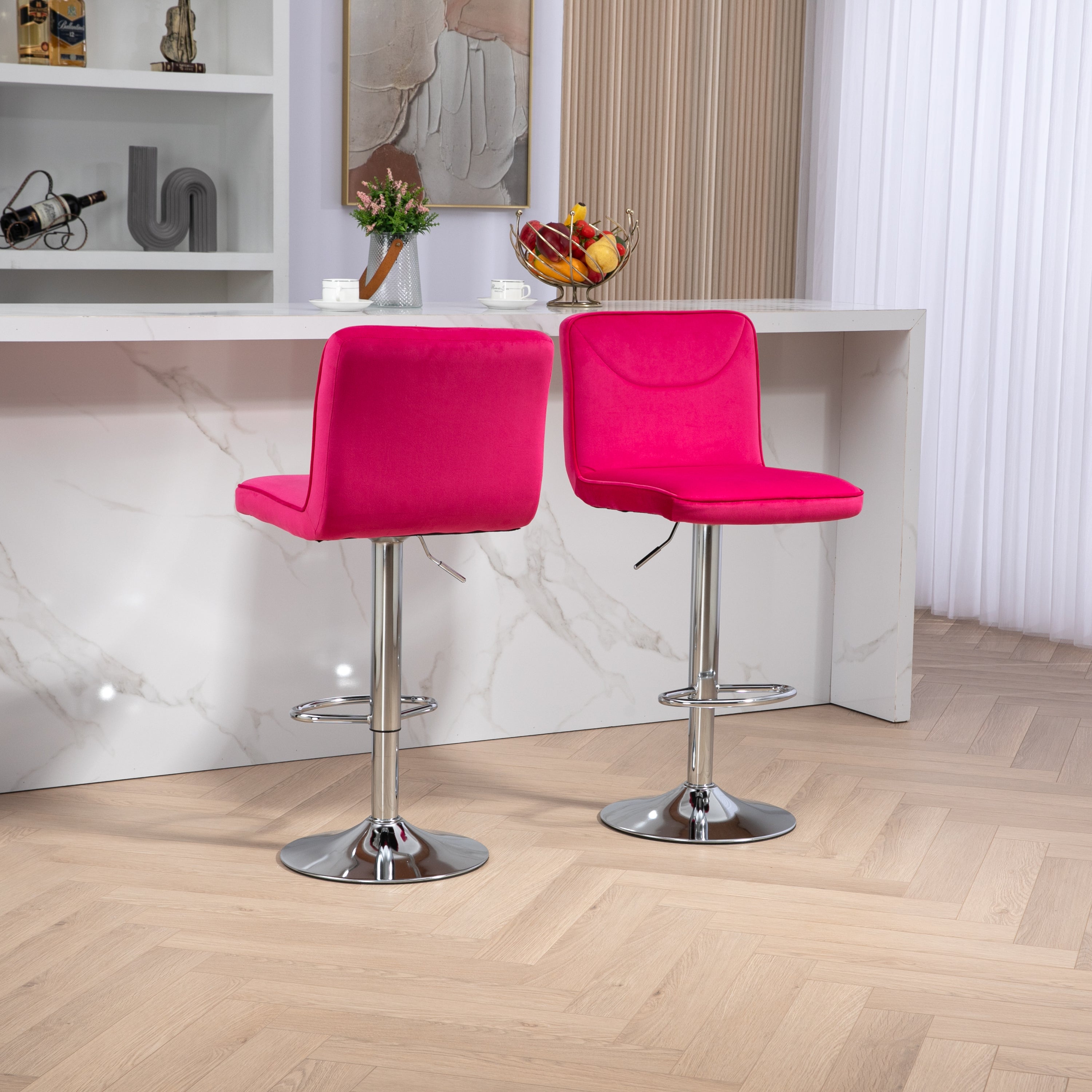 🆓🚛 Modern Swivel Bar stools Set of 2, Adjustable Counter Height Bar Chairs, with Backrest Footrest, Chrome Base, Rose Red