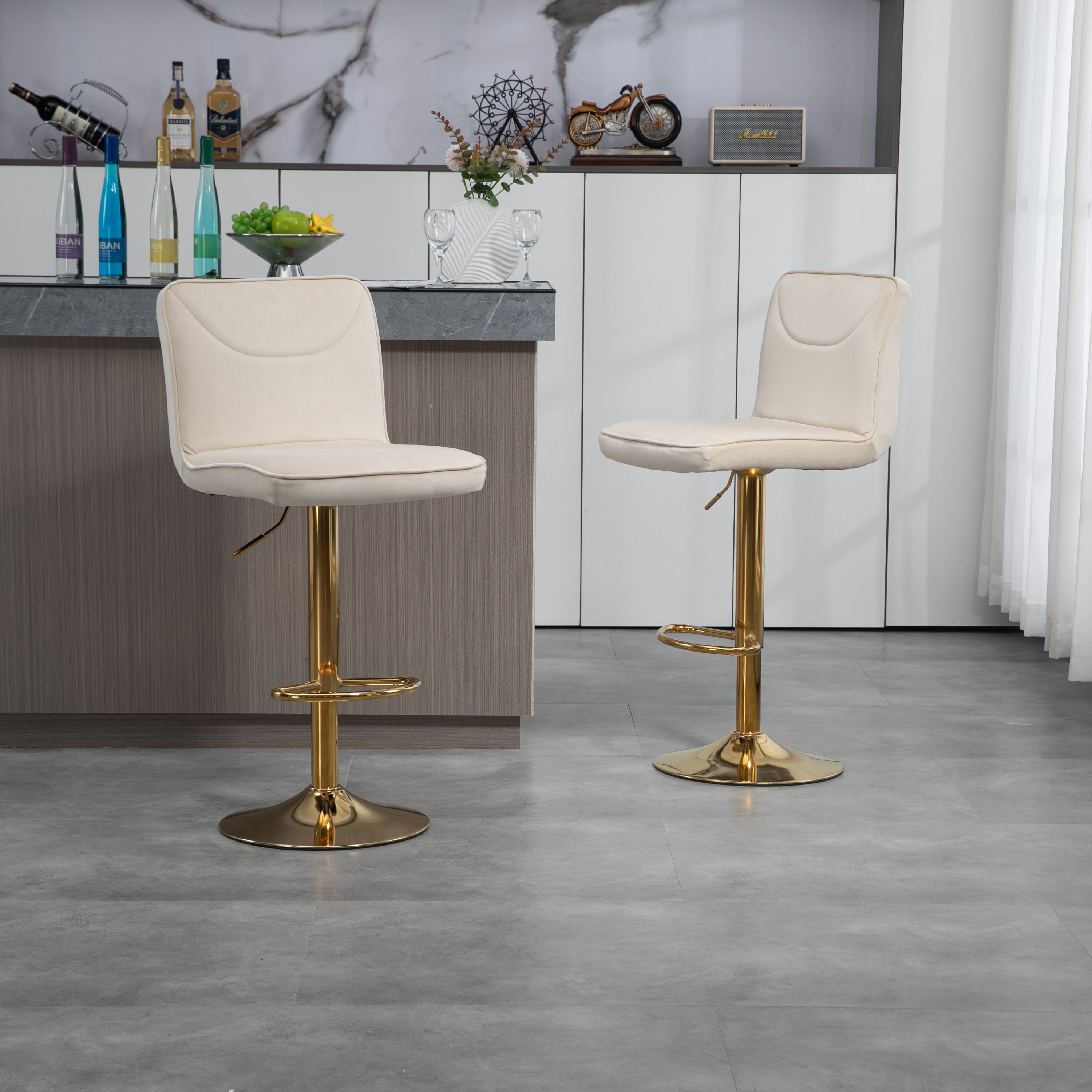 🆓🚛 Modern Swivel Bar stools Set of 2, Adjustable Counter Height Bar Chairs, with Backrest Footrest, Golden Base, Ivory