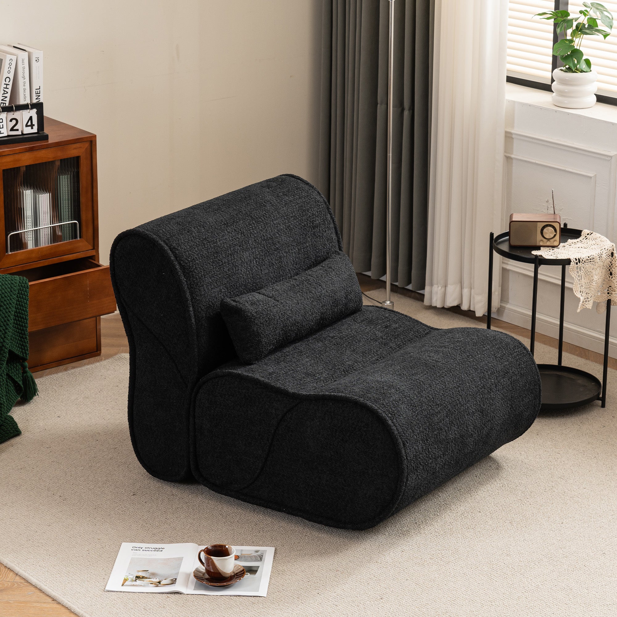 🆓🚛 Soft Pellet Comfortable Lounge Chair With Waist Pack Padding, Modern Design, Ideal for Living Room, Bedroom or Office - Black