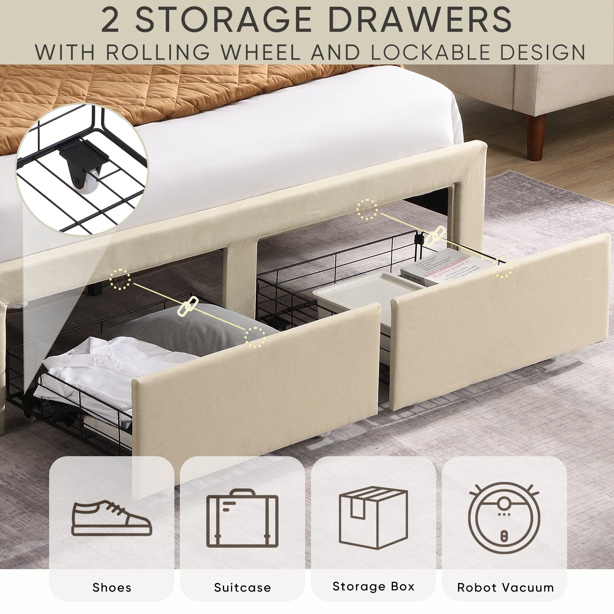 🆓🚛 Upholstered Queen Size Bed Frame With 2 Storage Drawers, Built-in Usb Charging Stations & Strong Wood Slats Support, Beige