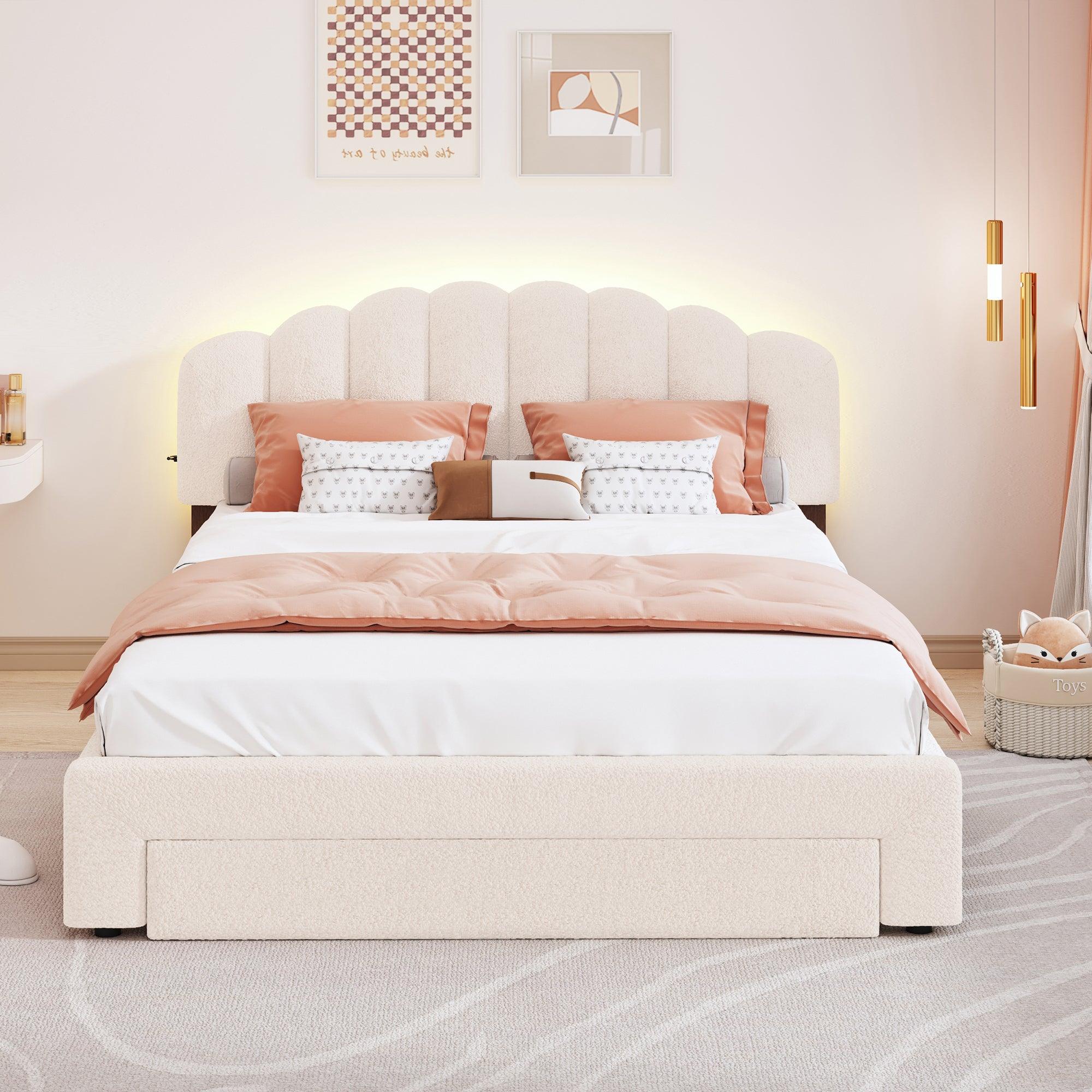 🆓🚛 Teddy Fleece Queen Size Upholstered Platform Bed With Drawer, Beige
