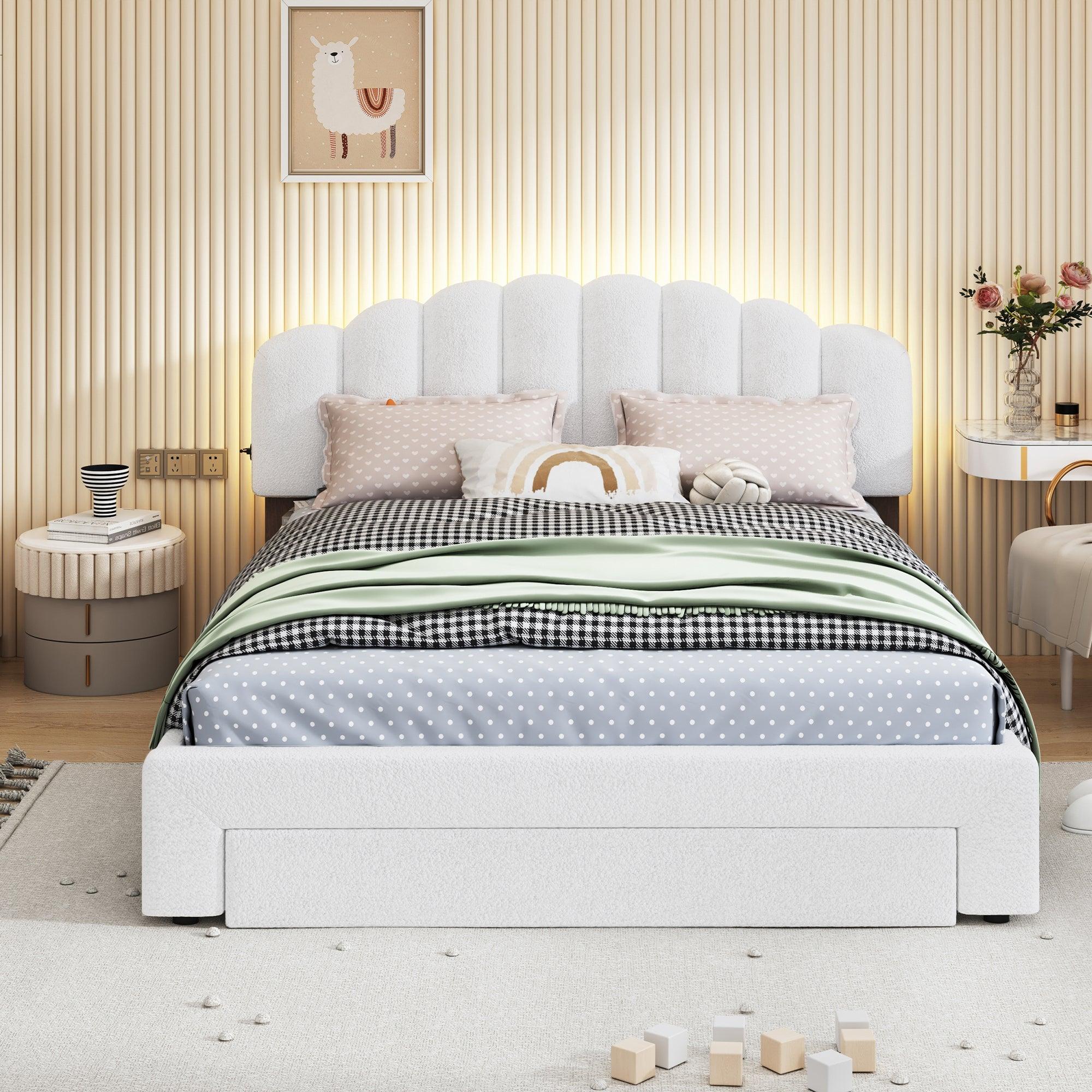 🆓🚛 Teddy Fleece Queen Size Upholstered Platform Bed With Drawer, White