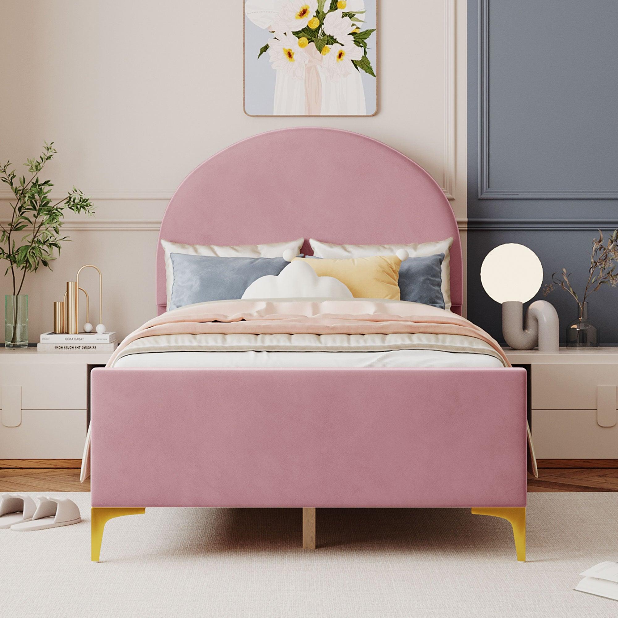 🆓🚛 Twin Size Upholstered Platform Bed With Classic Semi-Circle Shaped Headboard & Mental Legs, Velvet, Pink