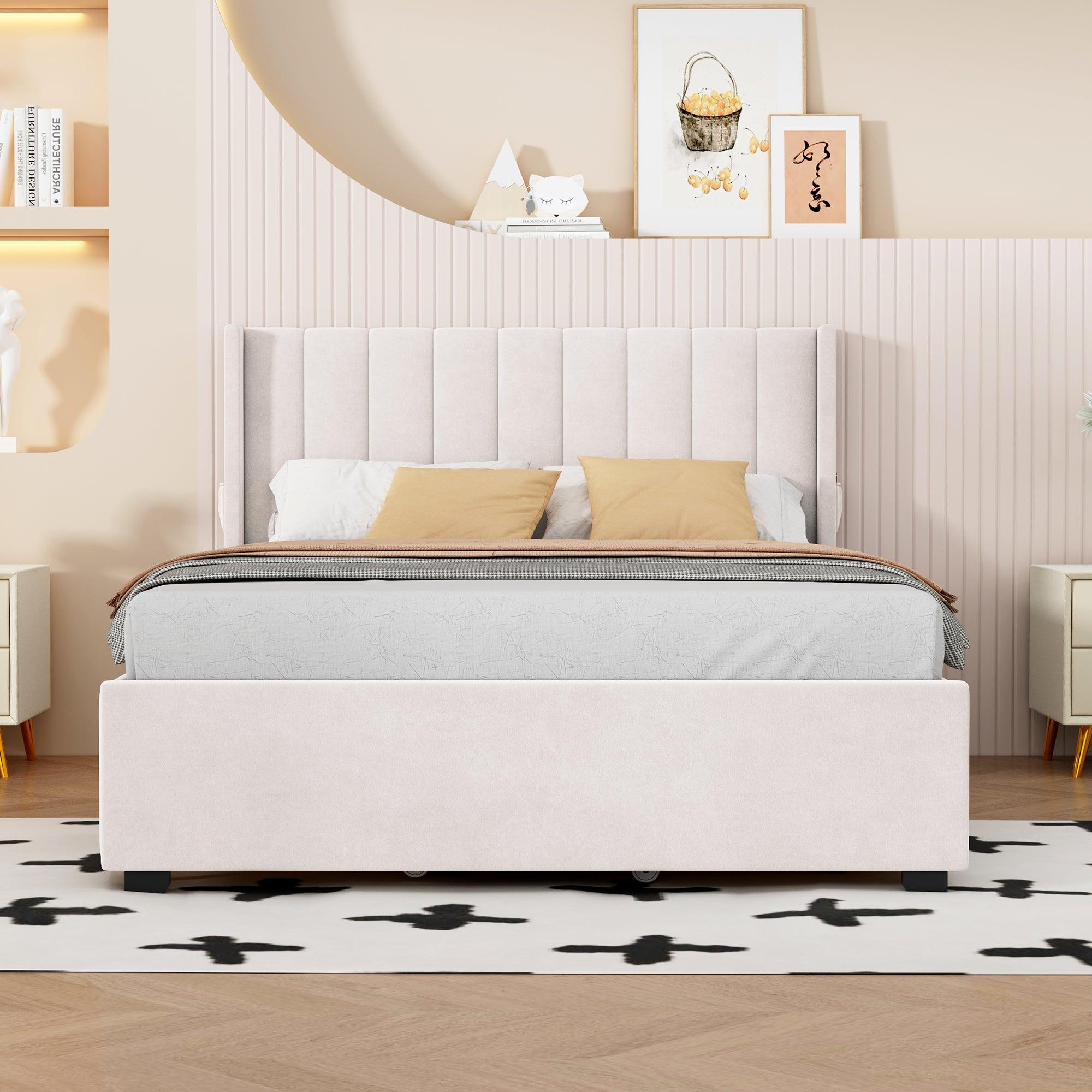 🆓🚛 Full Size Upholstered Bed With 4 Drawers, Beige
