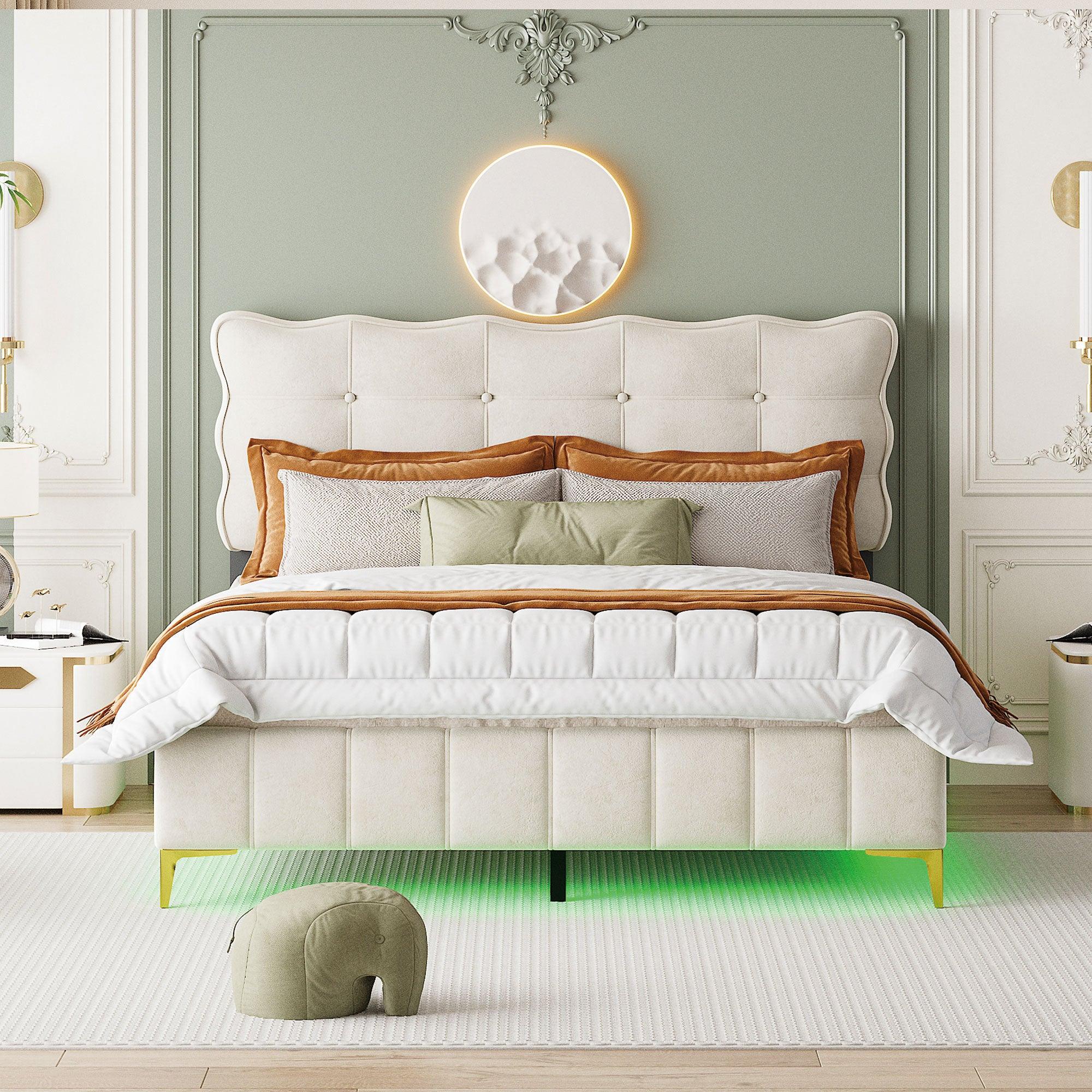 🆓🚛 Queen Size Velvet Platform Bed With Led Frame & Stylish Mental Bed Legs, Beige