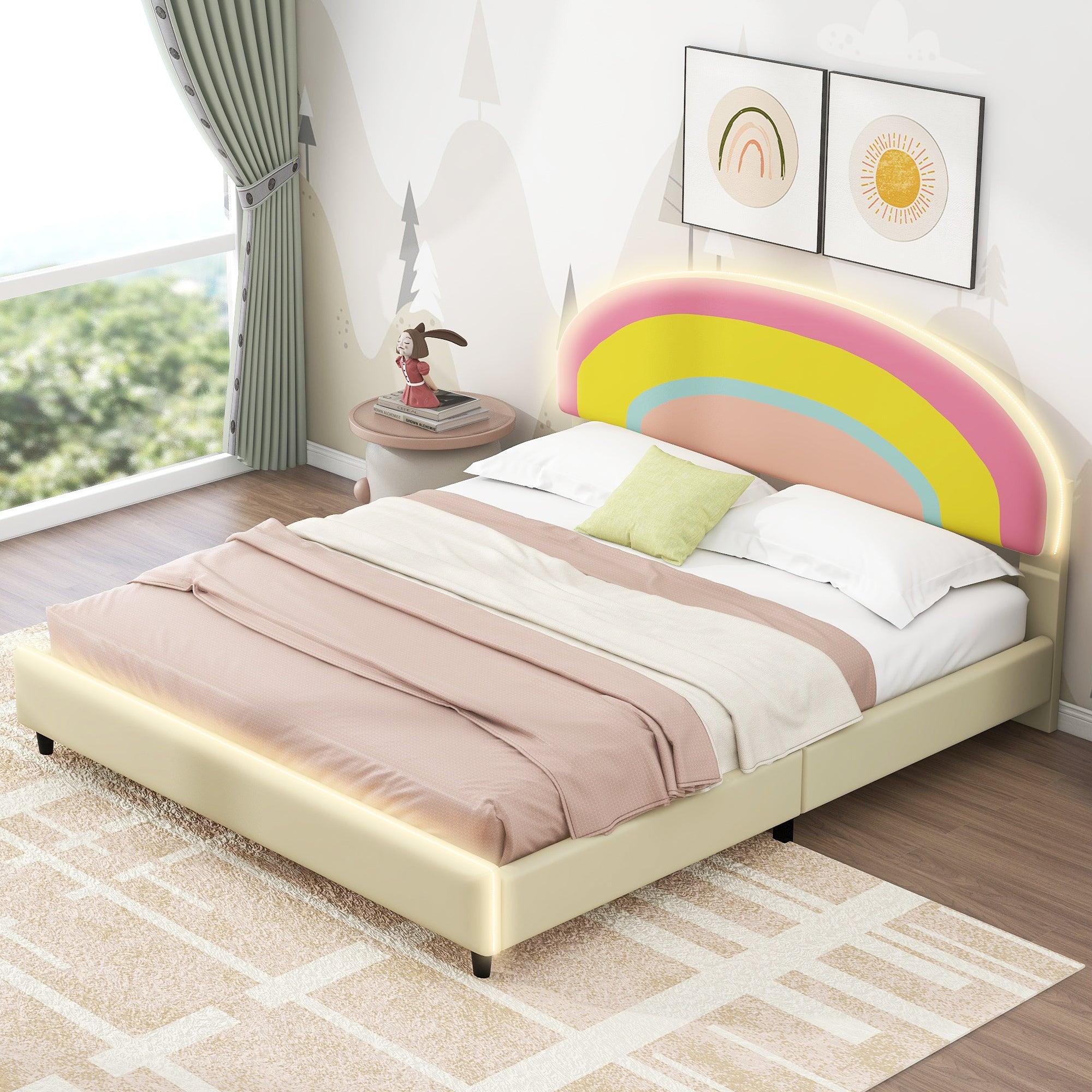 🆓🚛 Full Size Upholstered Platform Bed With Rainbow Shaped and Height-Adjustbale Headboard, Led Light Strips, Beige