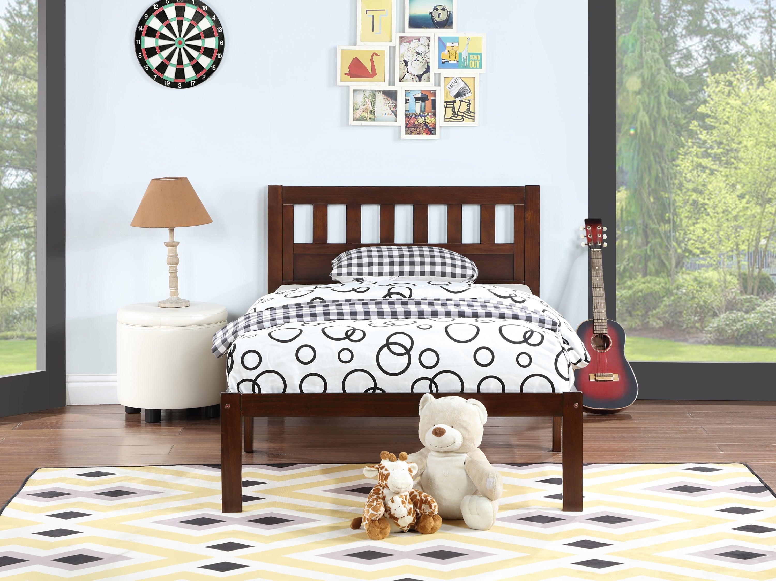 🆓🚛 Twin Size Bed, Wood Platform Bed Frame With Headboard for Kids Rectangle Design, Slatted, Dark Walnut