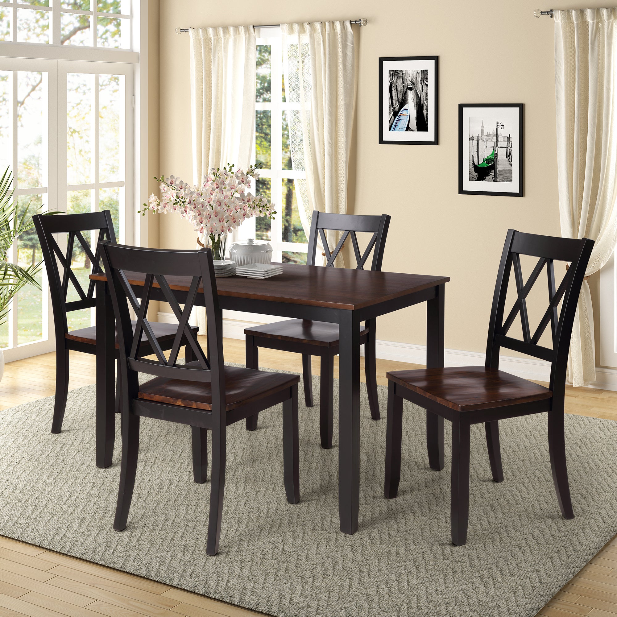 🆓🚛 5-Piece Dining Table Set Home Kitchen Table & Chairs Wood Dining Set, Black+Cherry