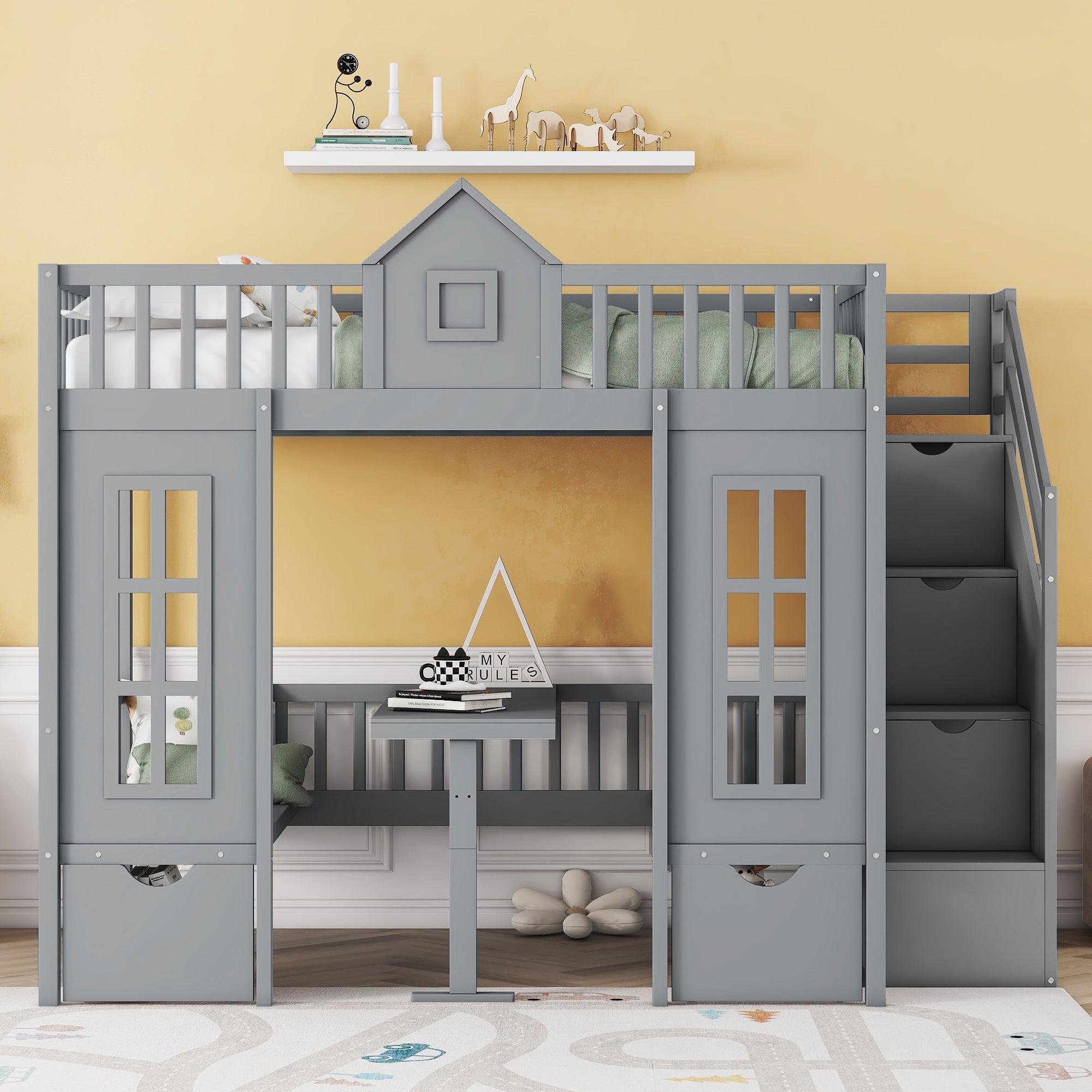 🆓🚛 Full-Over-Full Bunk Bed With Changeable Table, Bunk Bed Turn Into Upper Bed & Down Desk, Gray