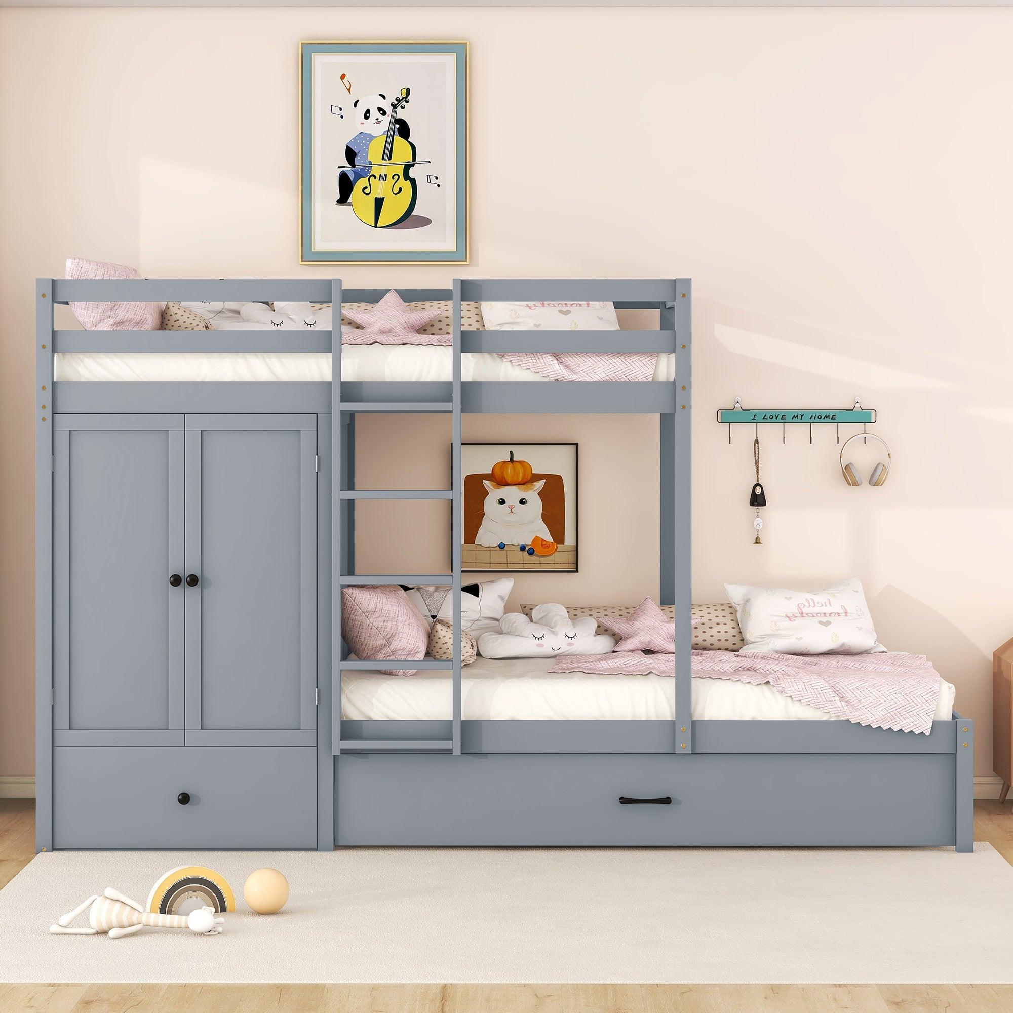 🆓🚛 Twin-Over-Twin Bunk Bed With Wardrobe, Drawers & Shelves, Gray
