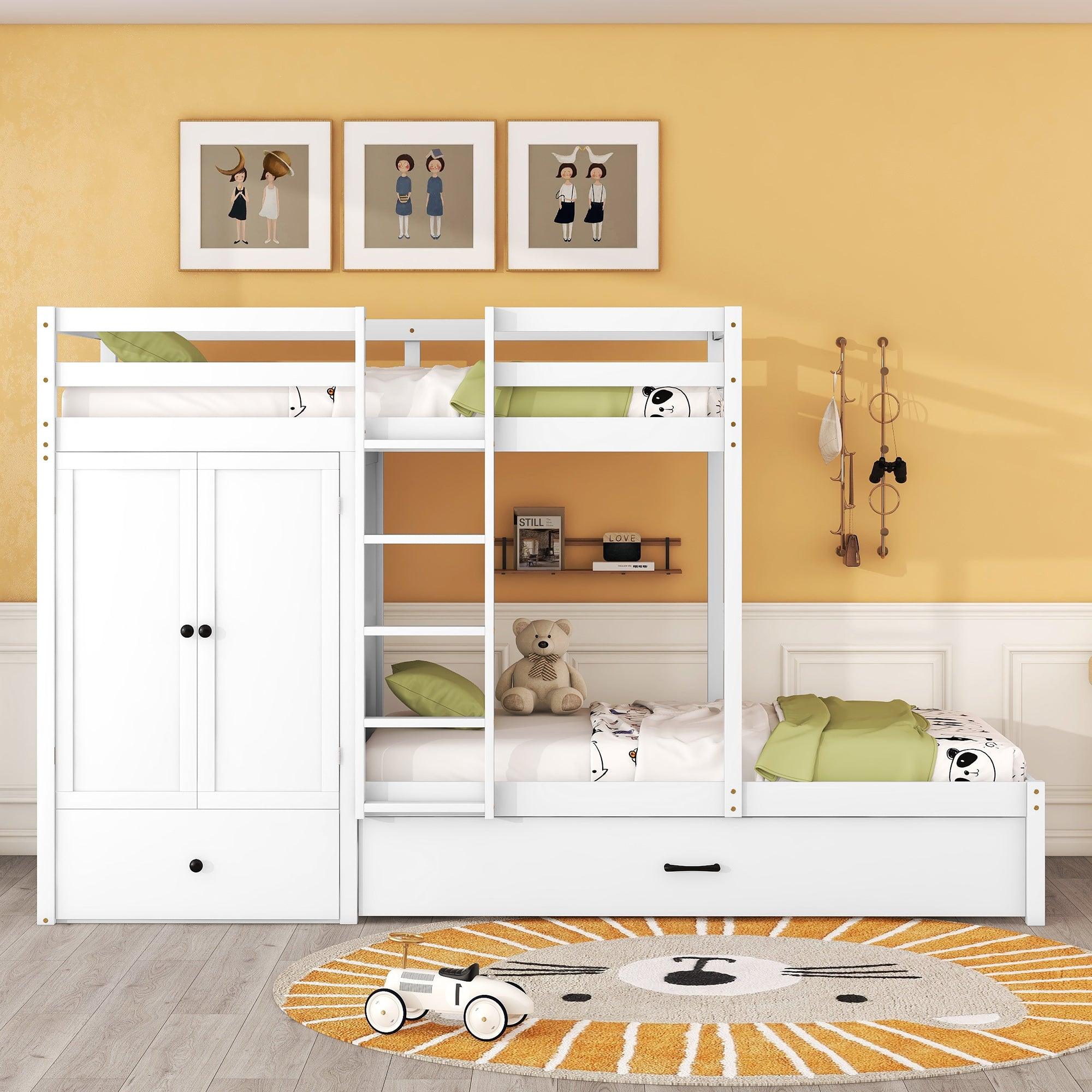 🆓🚛 Twin-Over-Twin Bunk Bed With Wardrobe, Drawers & Shelves, White