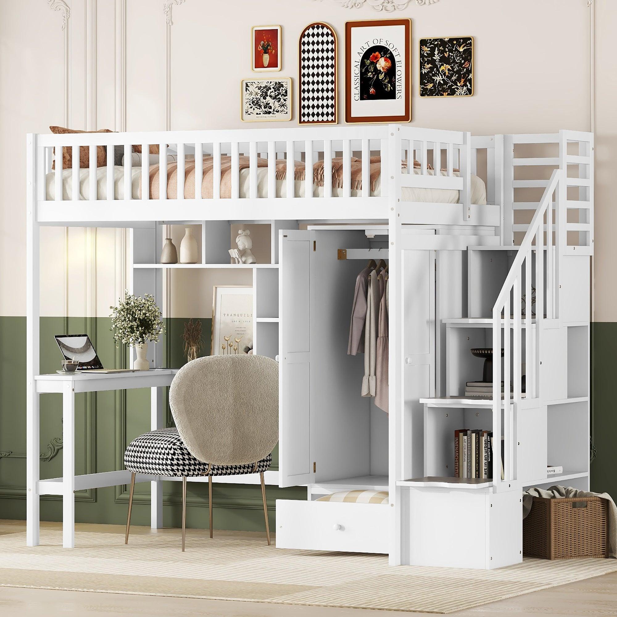 🆓🚛 Twin Size Loft Bed With Bookshelf, Drawers, Desk, & Wardrobe-White