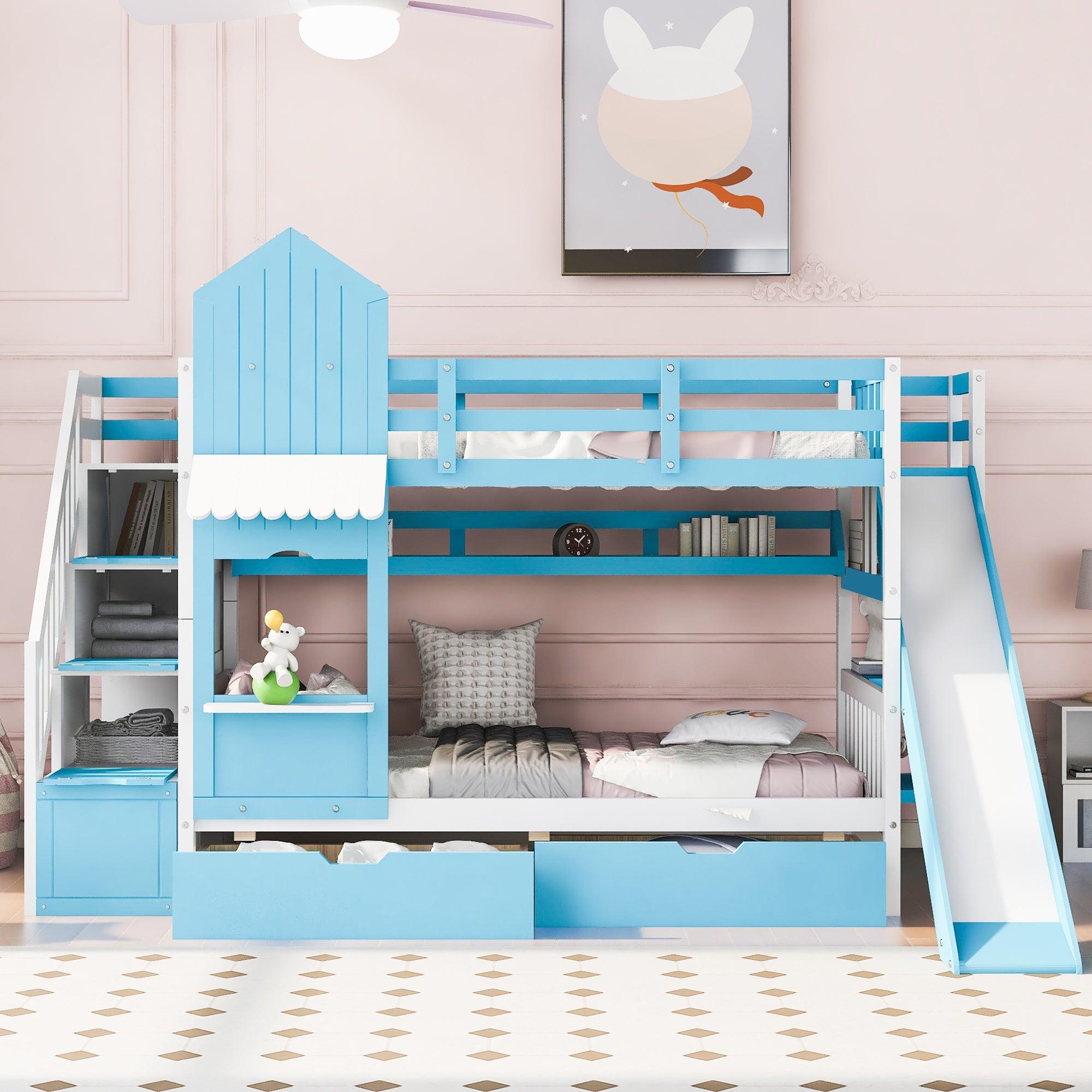 🆓🚛 Twin-Over-Twin Castle Style Bunk Bed With 2 Drawers 3 Shelves & Slide, Blue