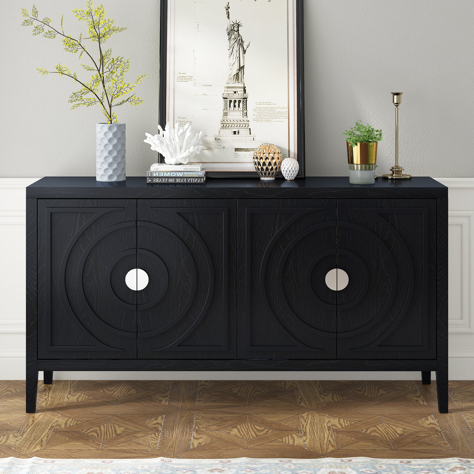 🆓🚛 Retro Sideboard Door With Circular Groove Design Round Metal Door Handle for Entrance, Dinning Room, Living Room, Black