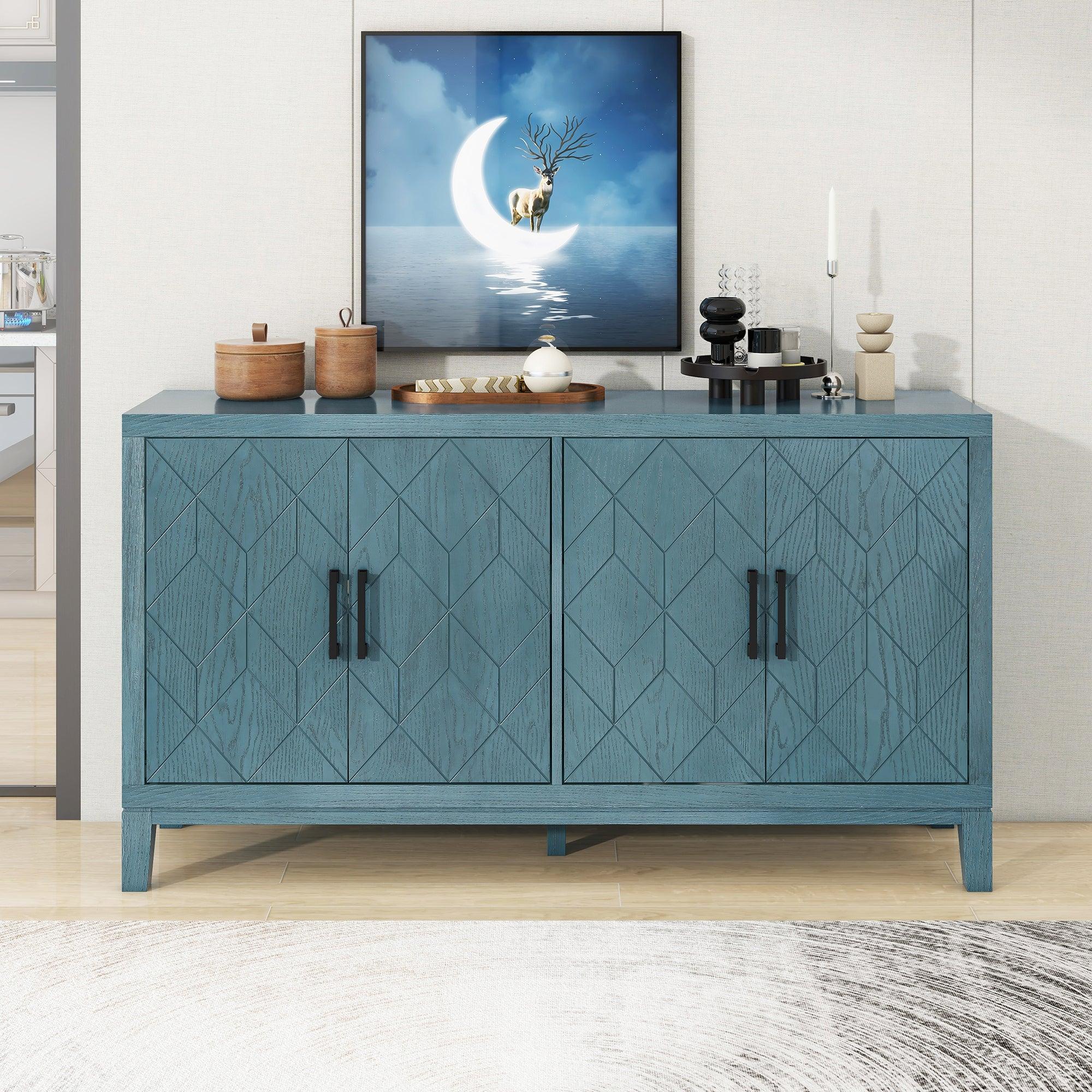 🆓🚛 4-Door Retro Sideboard With Adjustable Shelves, Two Large Cabinet With Long Handle, for Living Room & Dining Room, Navy