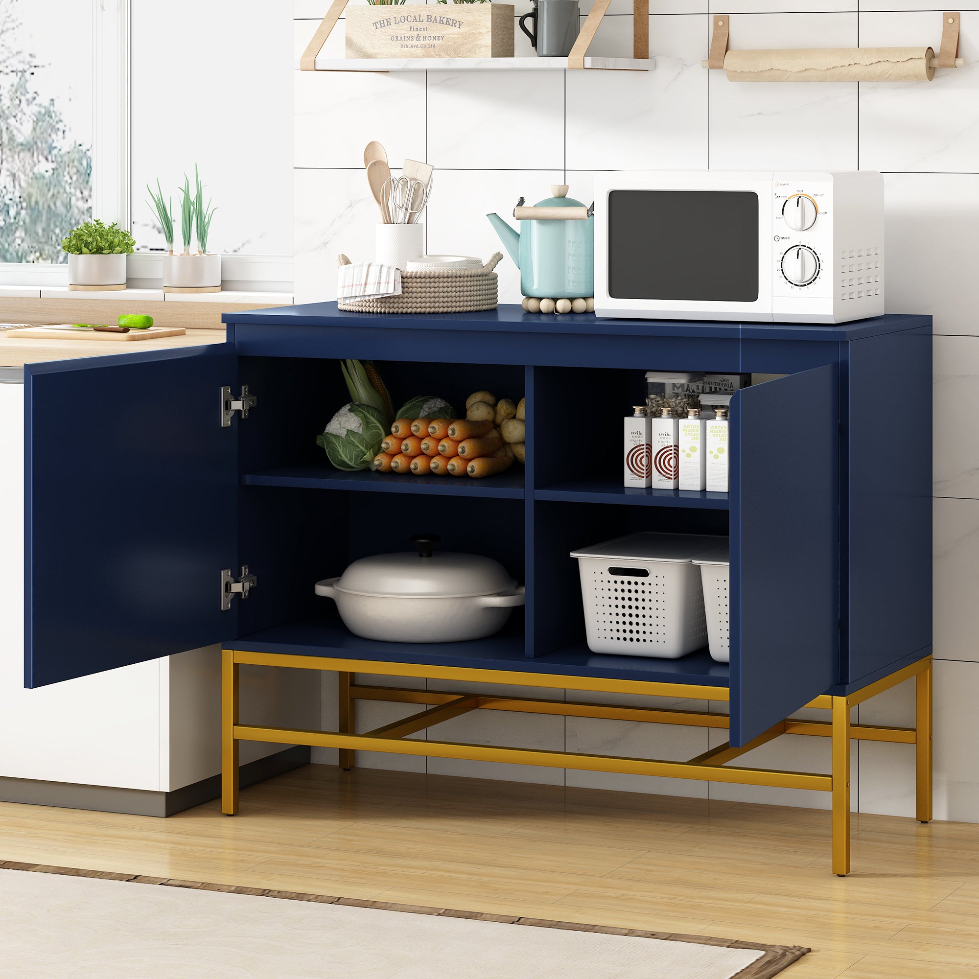 🆓🚛 Minimalist & Luxury Cabinet, 2 Door Sideboard With Gold Metal Legs for Living Room & Dining Room, Navy