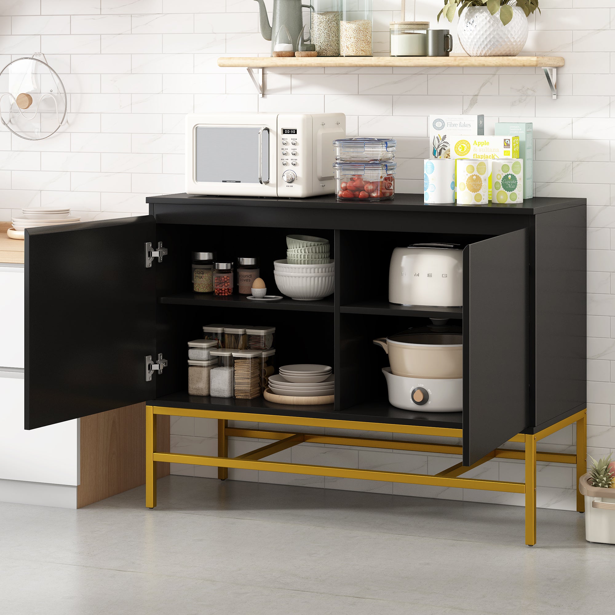 🆓🚛 Minimalist & Luxury Cabinet, 2 Door Sideboard With Gold Metal Legs for Living Room & Dining Room, Black