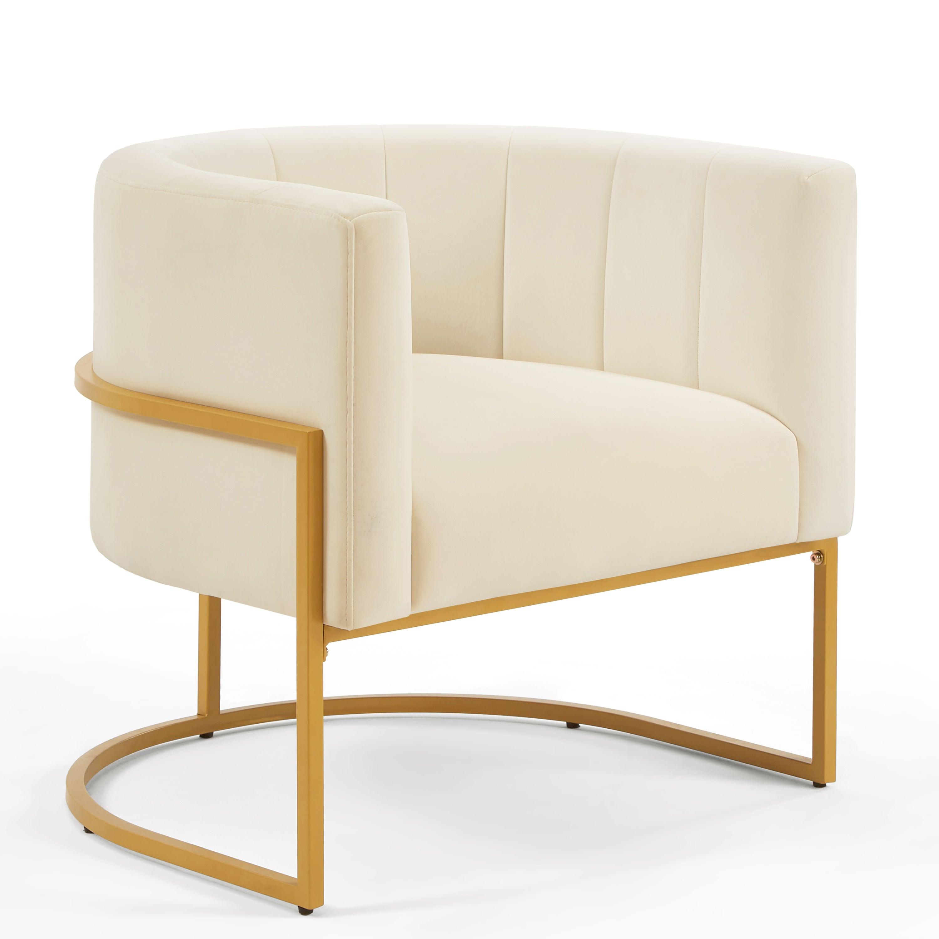 🆓🚛 Upholstered Velvet Accent Chair With Golden Metal Stand, Mid-Century Living Room Leisure Chair With Curve Backrest, Cream