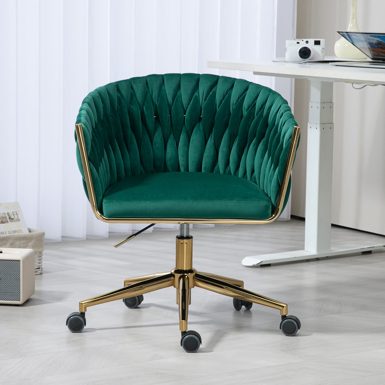 🆓🚛 Modern Design Office Chair, Hand Made Woven Backrest, Height Adjustable, 360° Swivel, Green