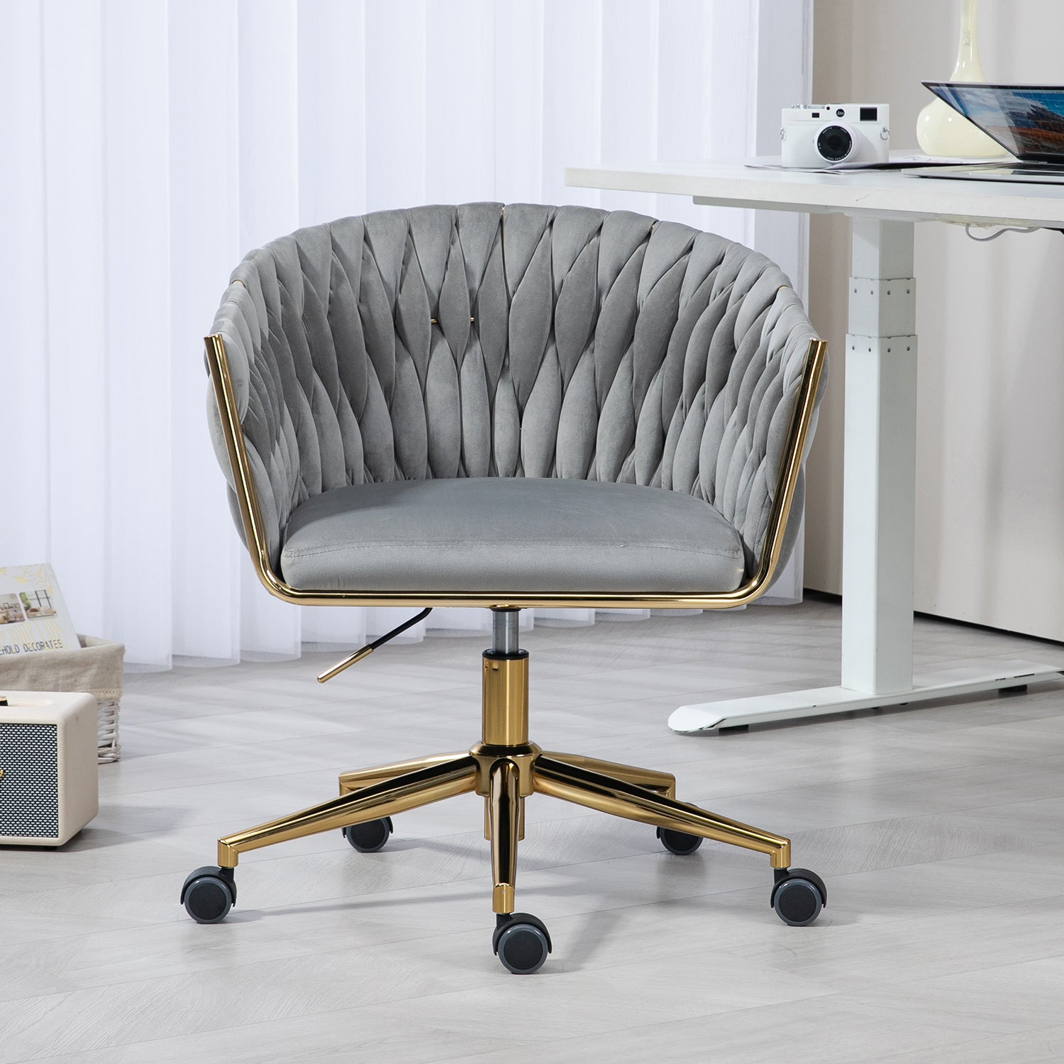 🆓🚛 Modern Design Office Chair, Hand Made Woven Backrest, Height Adjustable, 360° Swivel, Gray