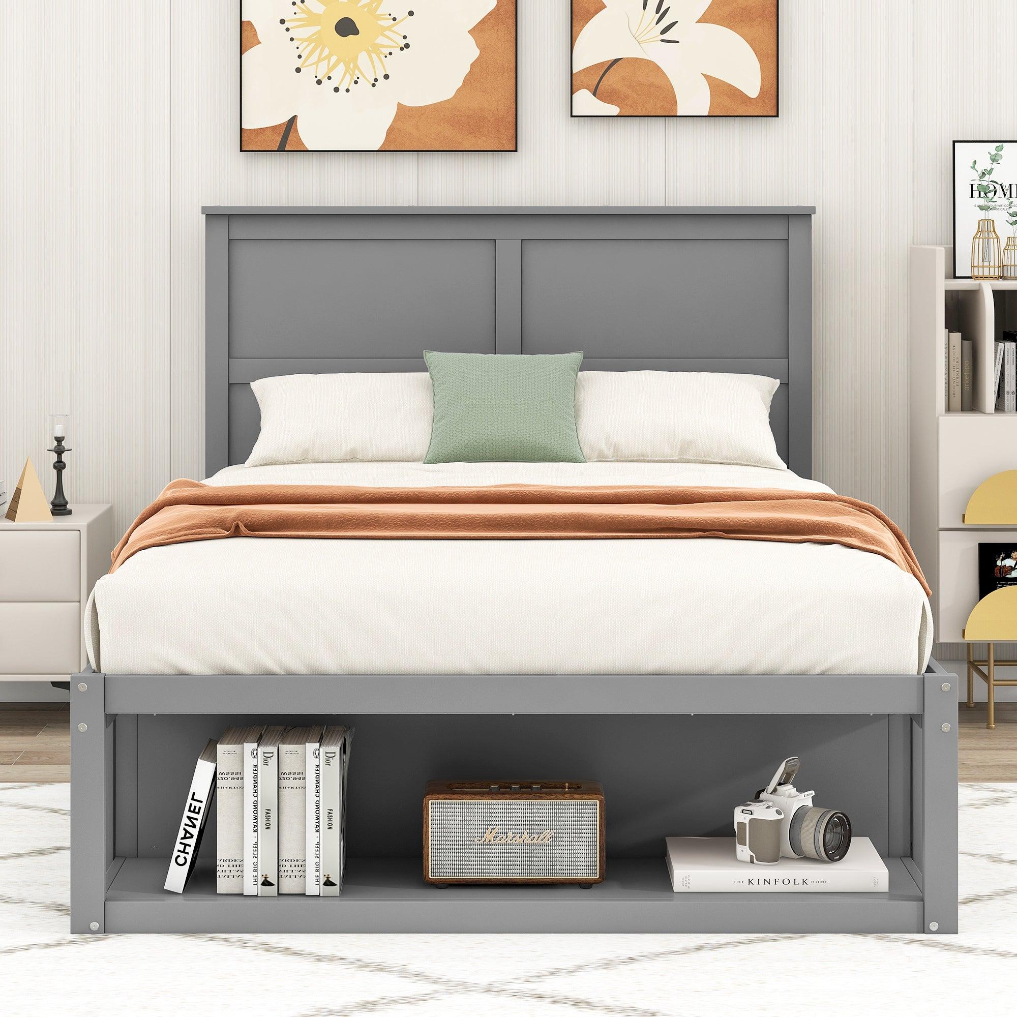 🆓🚛 Full Size Platform Bed With Drawer On The Each Side and Shelf On The End Of The Bed, Gray