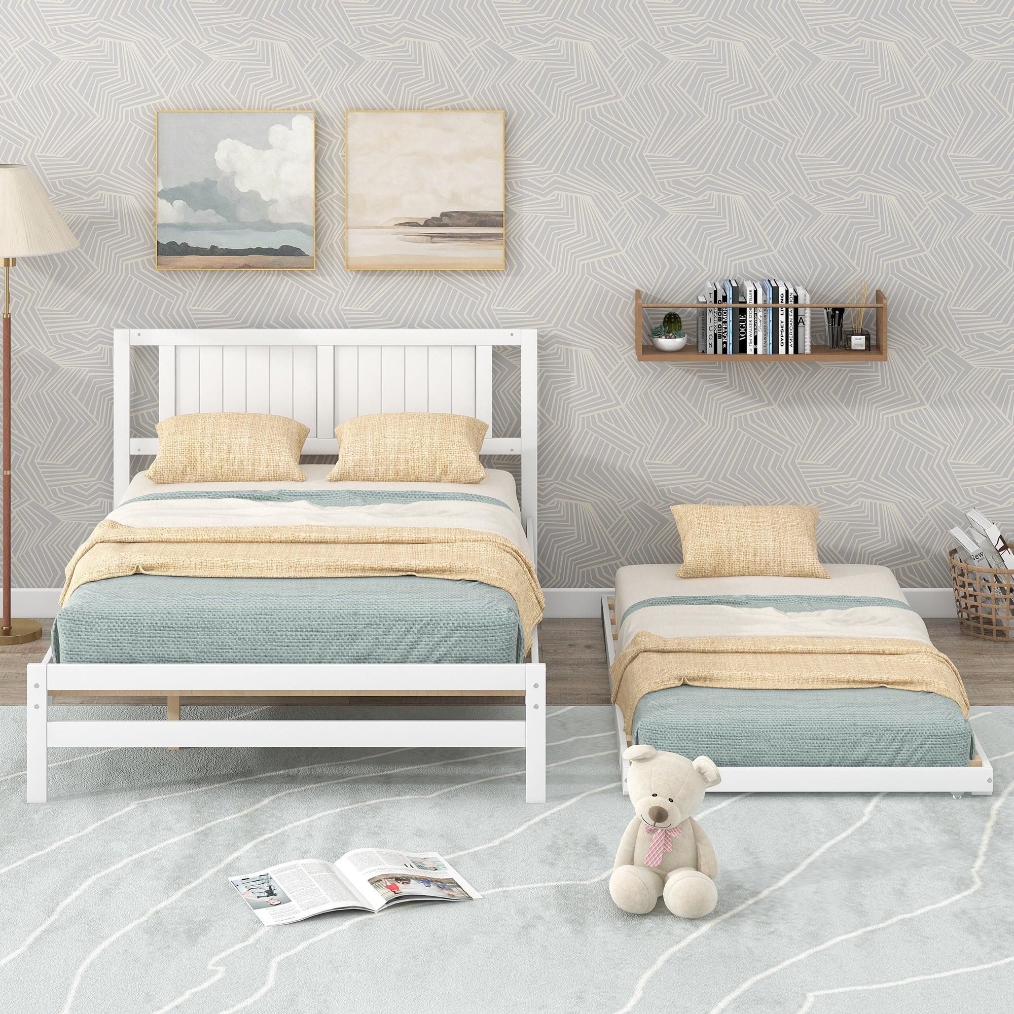 🆓🚛 Full Size Platform Bed With Adjustable Trundle, White