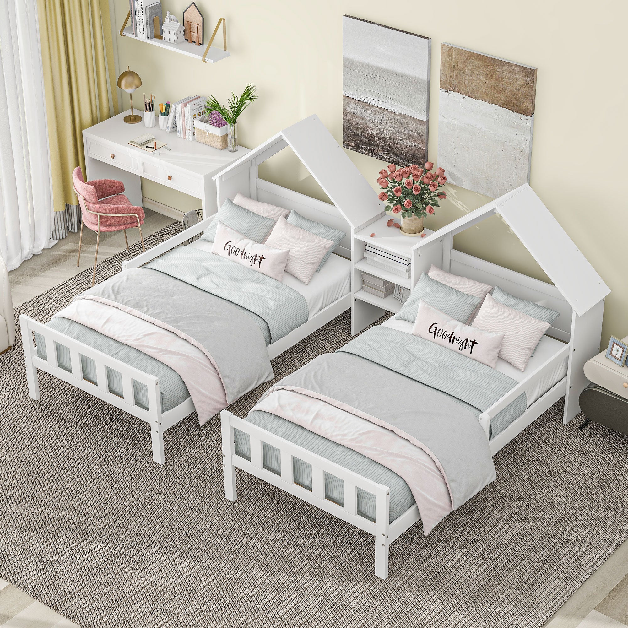 🆓🚛 Double Twin Size Platform Bed With House-Shaped Headboard and a Built-In Nightstand, White