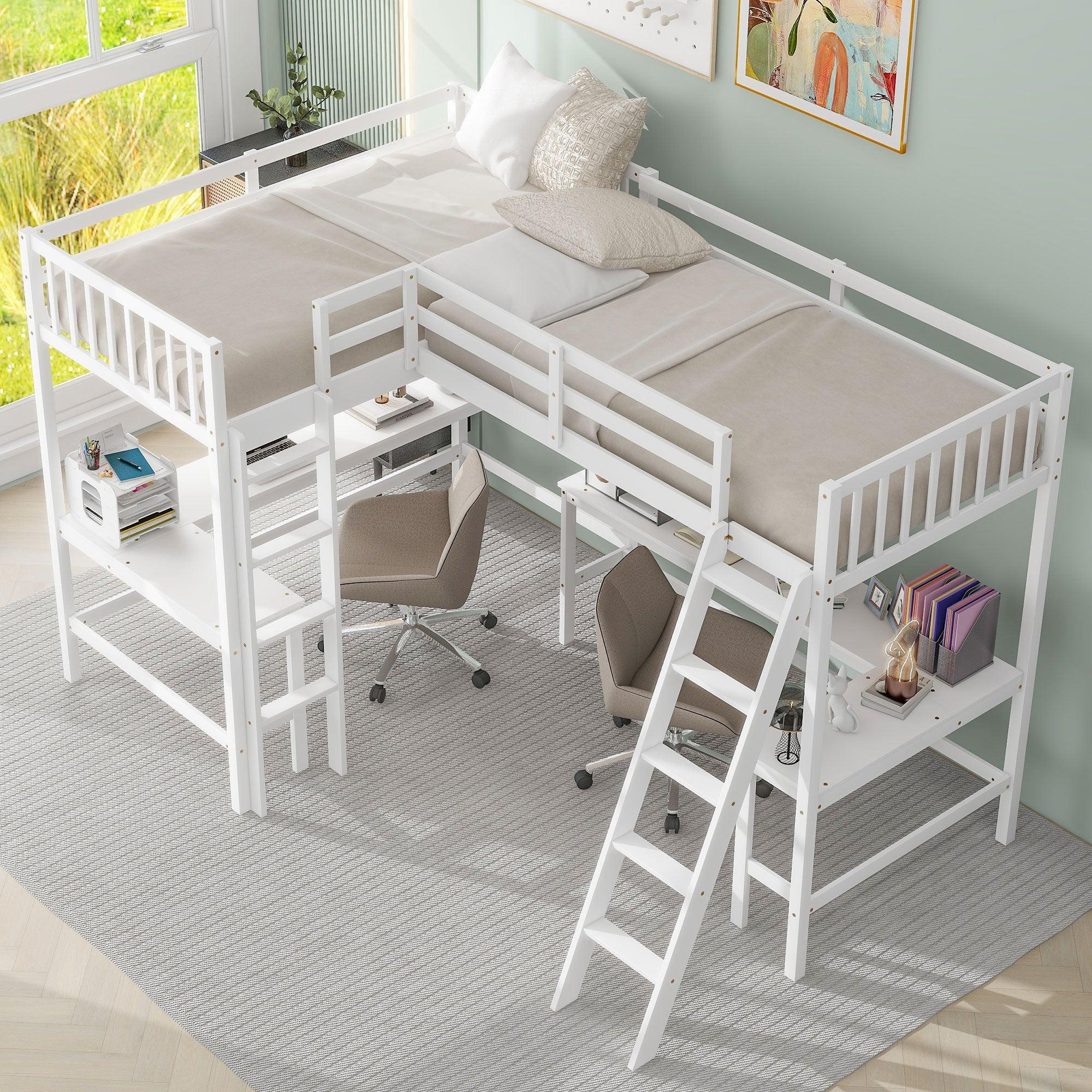 🆓🚛 Wood Twin Size L-Shaped Loft Bed With Ladder & 2 Built-in L-Shaped Desks, White
