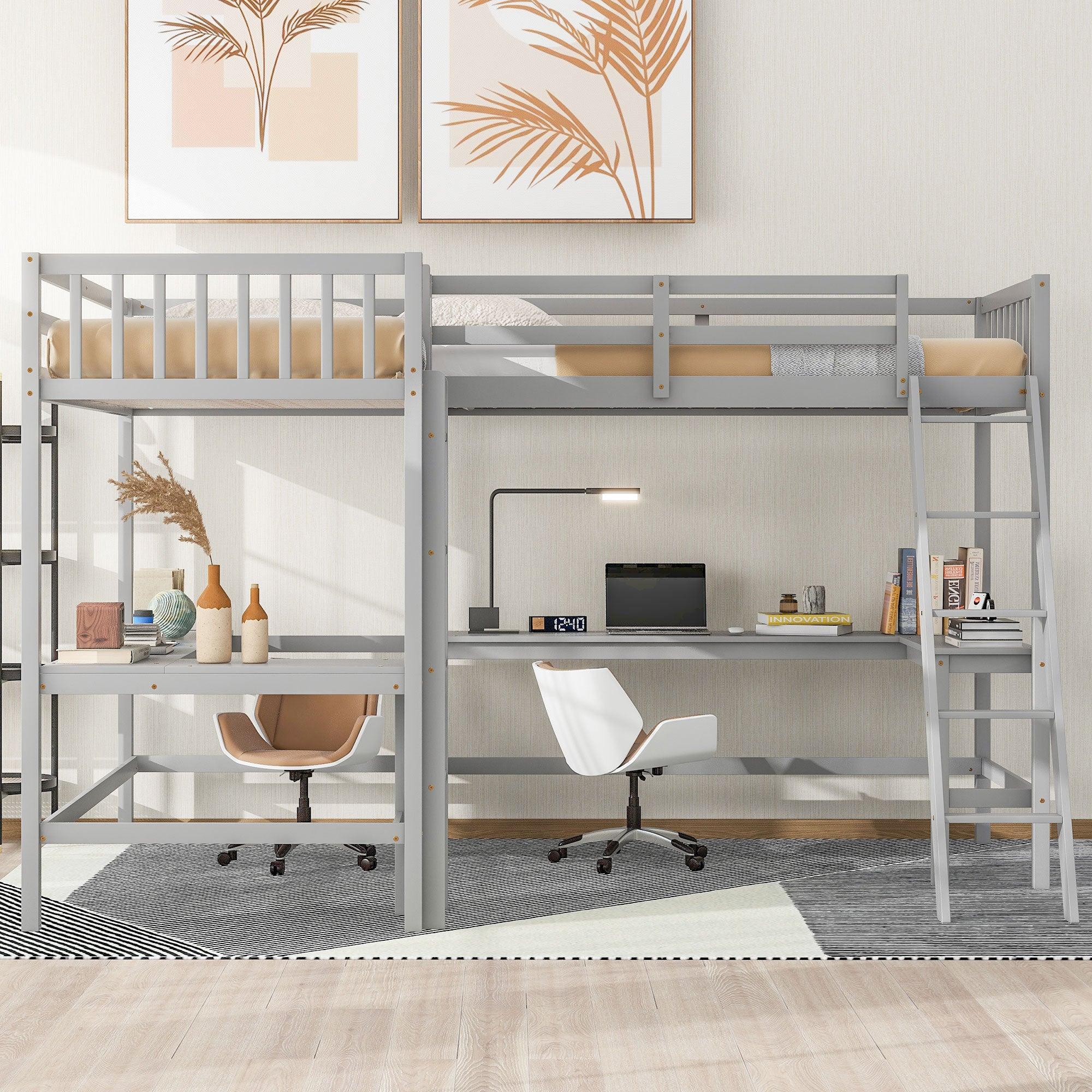 🆓🚛 Wood Twin Size L-Shaped Loft Bed With Ladder & 2 Built-in L-Shaped Desks, Gray