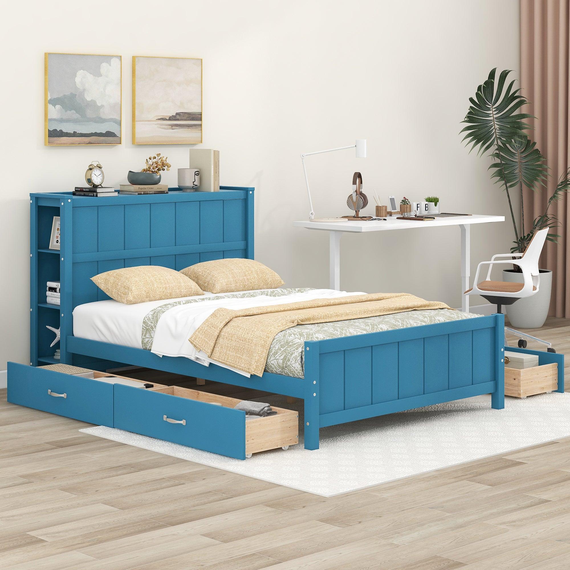 🆓🚛 Full Size Platform Bed With Drawers & Storage Shelves, Blue