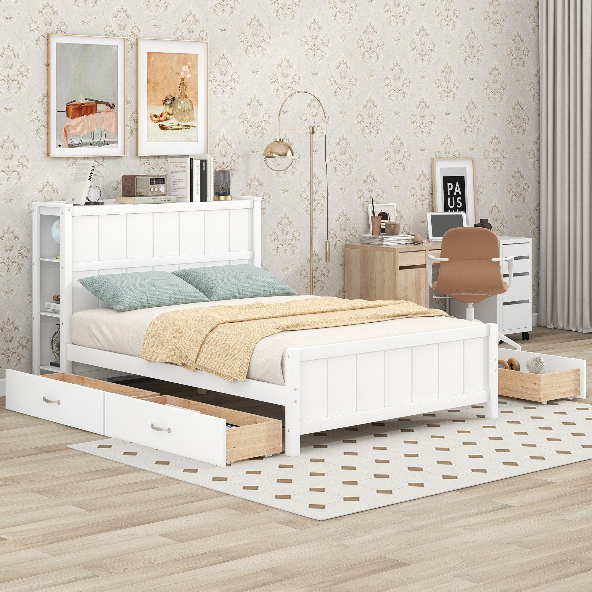 🆓🚛 Full Size Platform Bed With Drawers & Storage Shelves, White