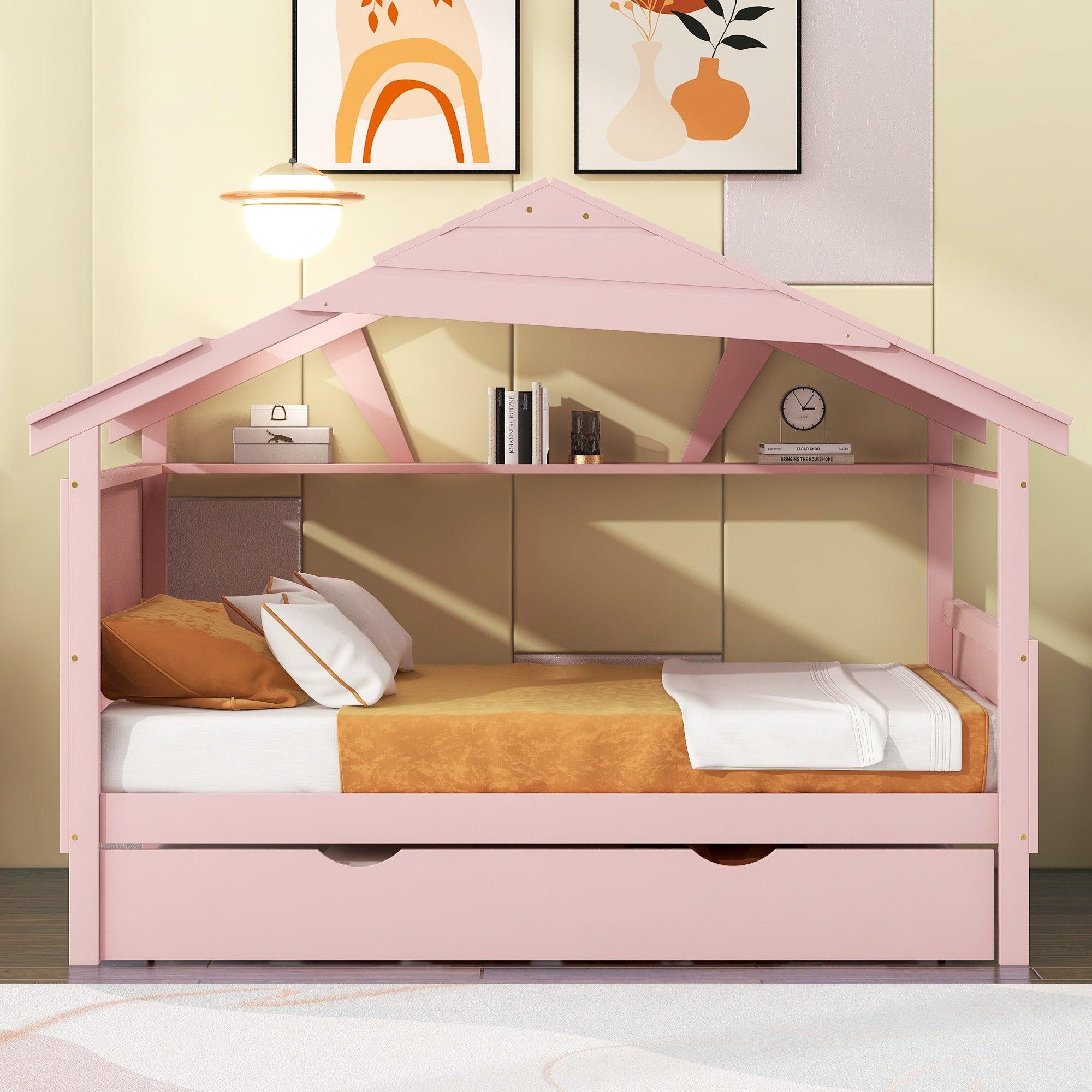 🆓🚛 Wood Full Size House Bed With Twin Size Trundle & Storage, Pink