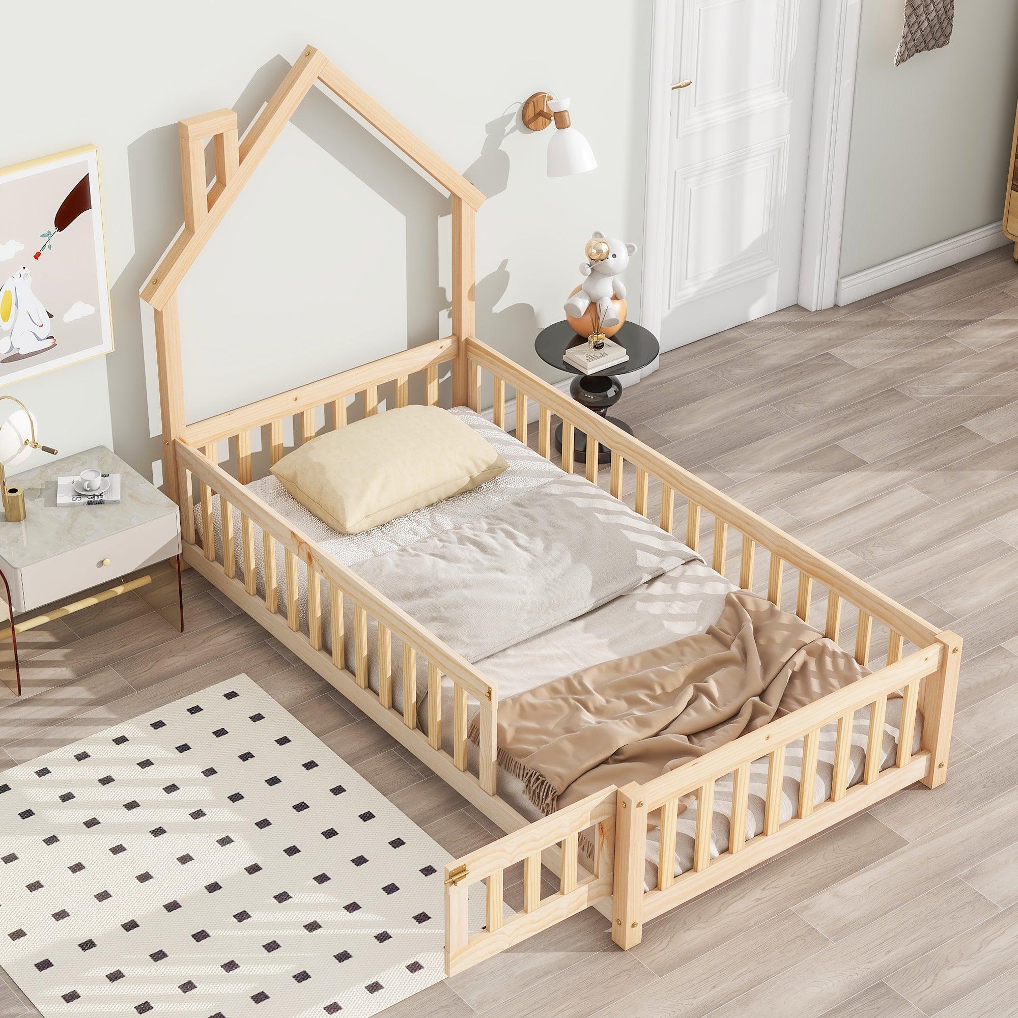 🆓🚛 Twin House-Shaped Headboard Floor Bed With Fence, Natural